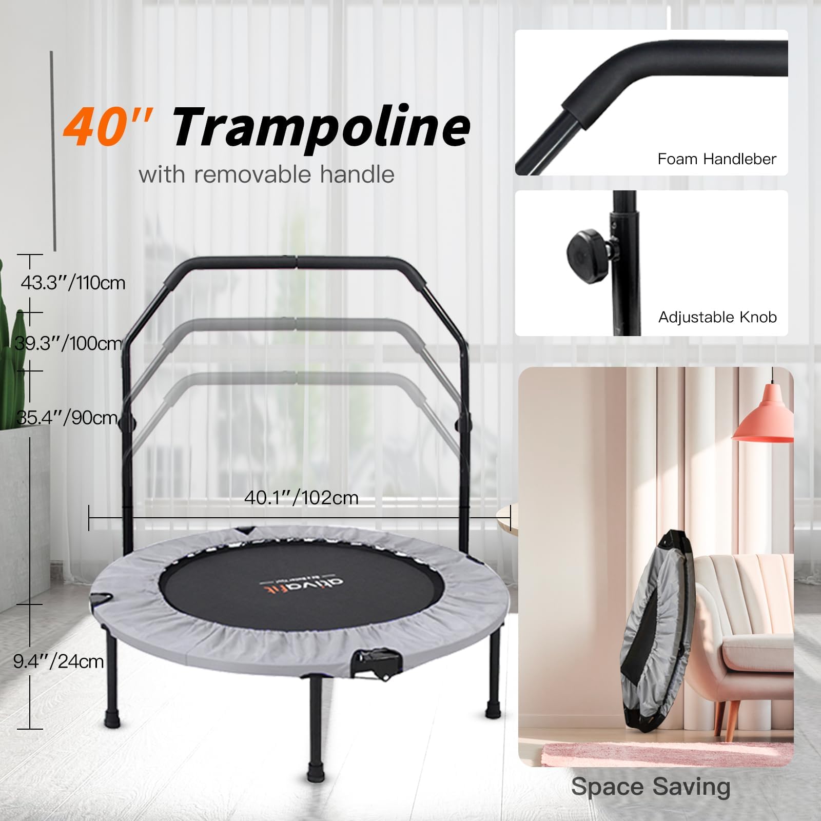 ATIVAFIT 102cm Faltbarer Trampolin mit verstellbarem Schaumstoffgriff Indoor für Erwachsene Ideal für Körperfitness-Training in Innenräumen Training Sport zuhause