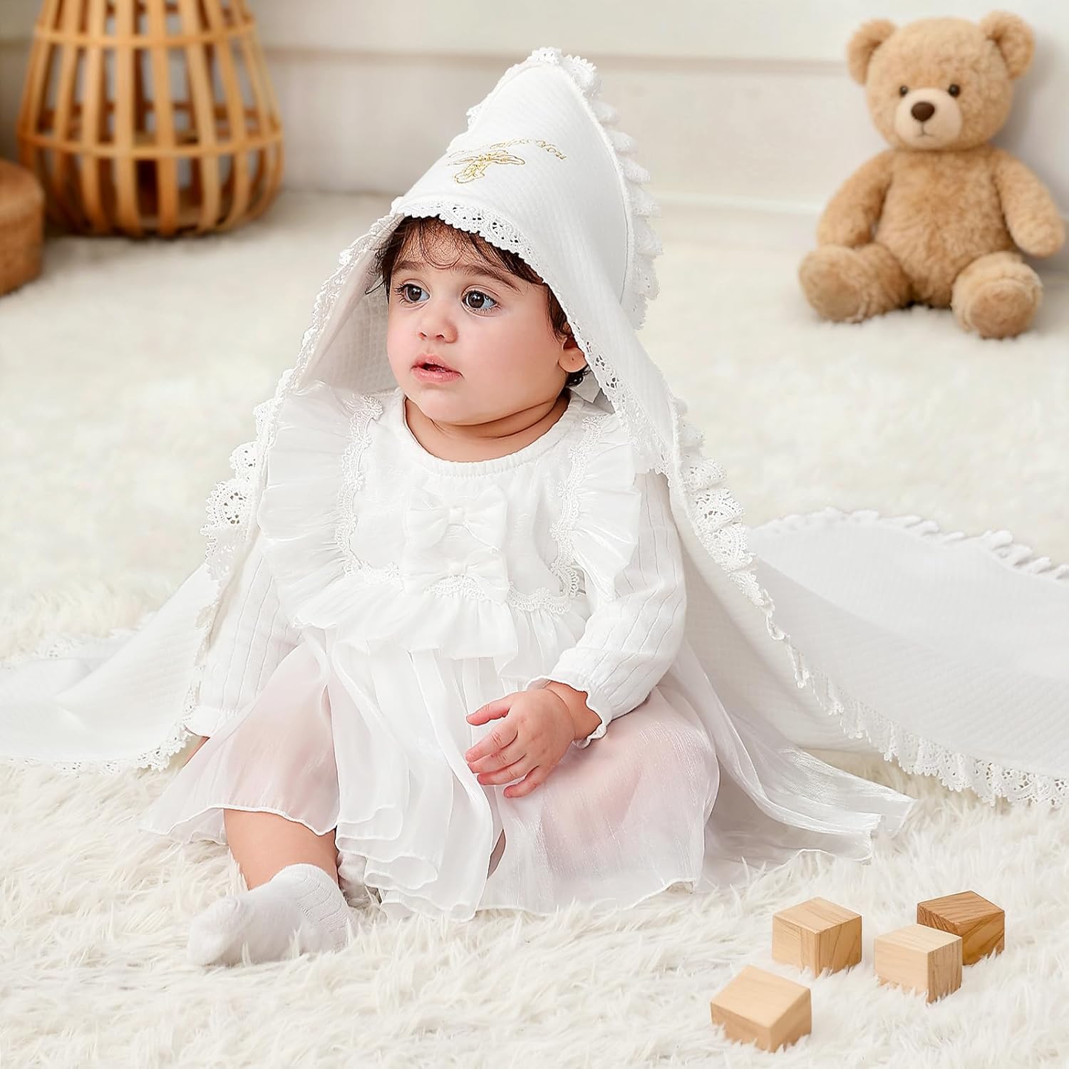 Baptism & Christening Baby Blanket with Hood – Luxury Padded Cotton Receiving Blanket for Newborns, Soft Lace Embroidered Christening Wrap, Religious Ceremony Gift, 31×40 in, Gift Box Included - Image 4