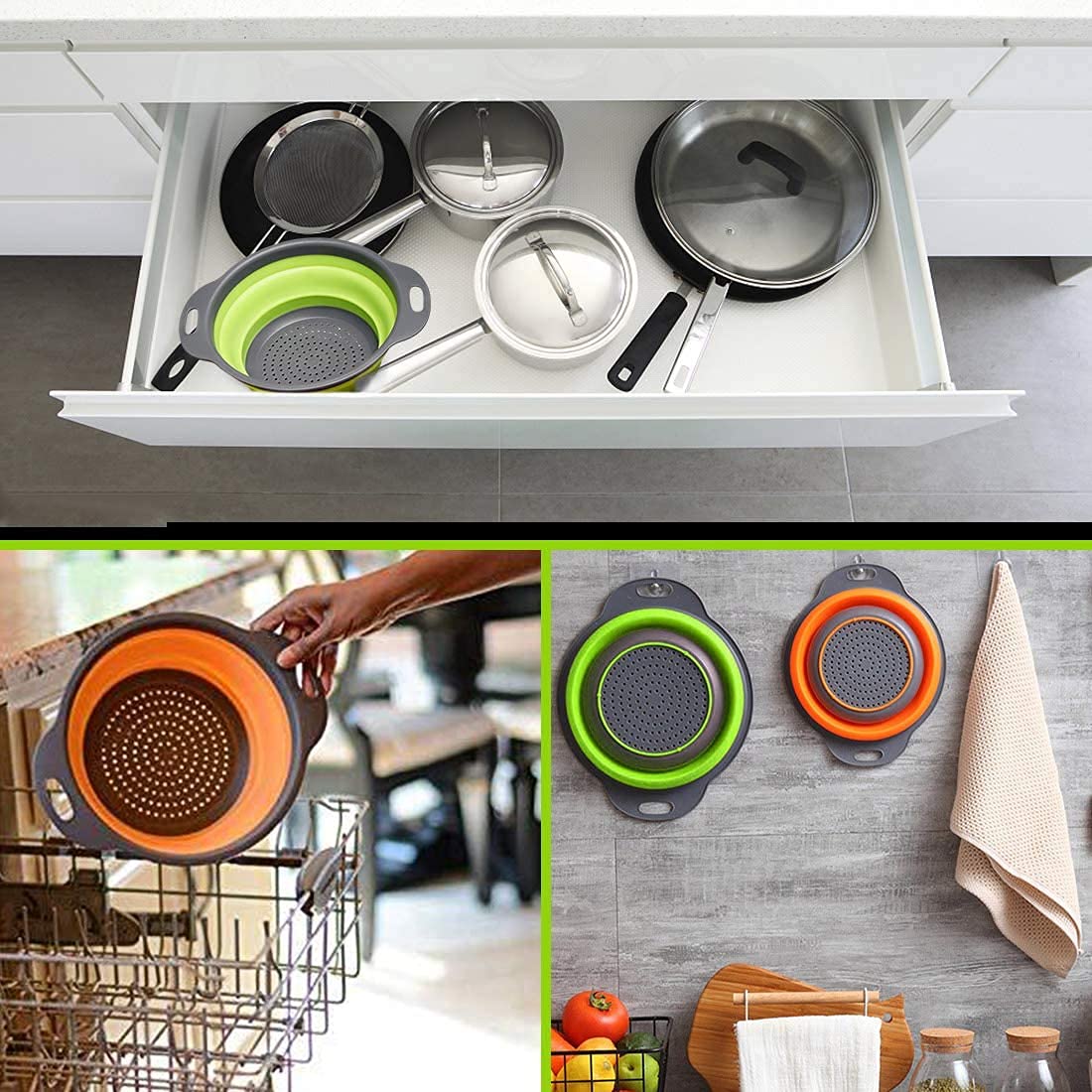 Juego de 2 coladores plegables redondos de silicona para fregadero de cocina y cesta de frutas, 1 grande y 1 pequeño, perfecto para escurrir pasta, verduras y frutas, artículos esenciales para el