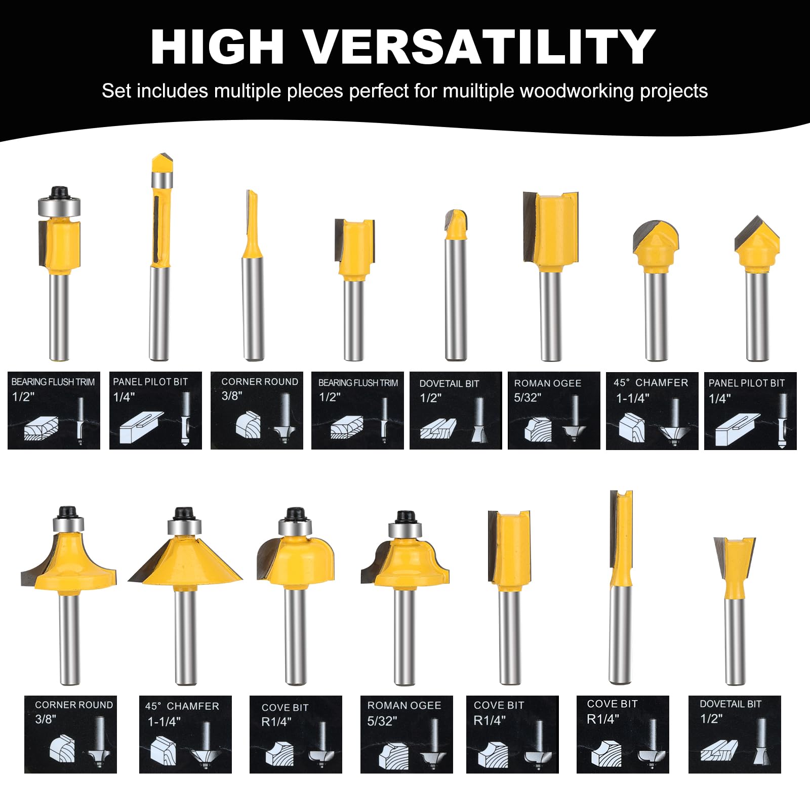 Set di punte per fresa con gambo da 1/4", 15 pezzi da 1/4 di pollice, in carburo di tungsteno, strumenti per la lavorazione del legno per porte, tavoli, scaffali, armadi, falegnameria