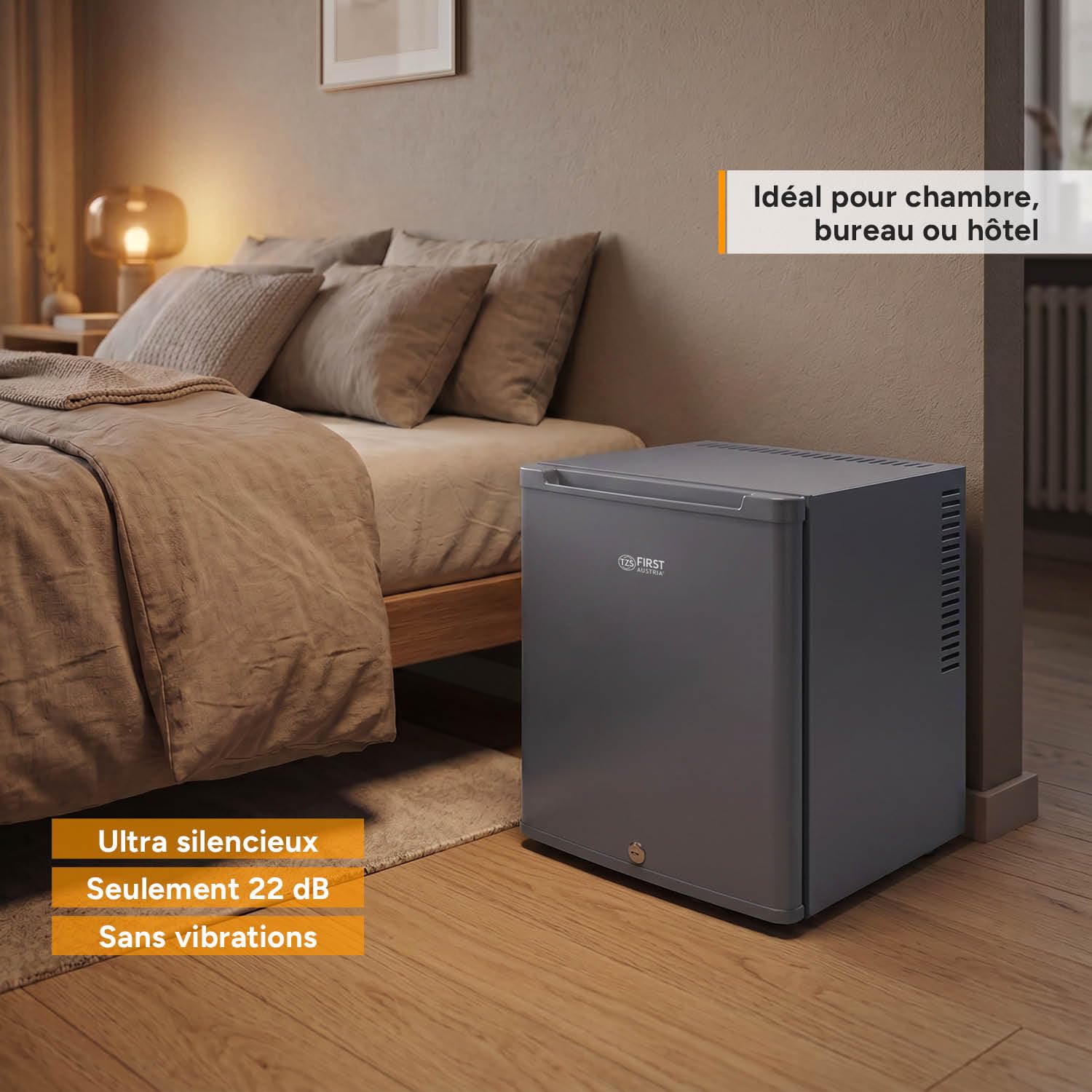 TZS First Austria - Mini réfrigérateur 30L complètement silencieux - Petit mini-frigo avec porte réversible et lumière intérieure - Minibar pour camping, bureau, chambre & hôtel - Anthracite