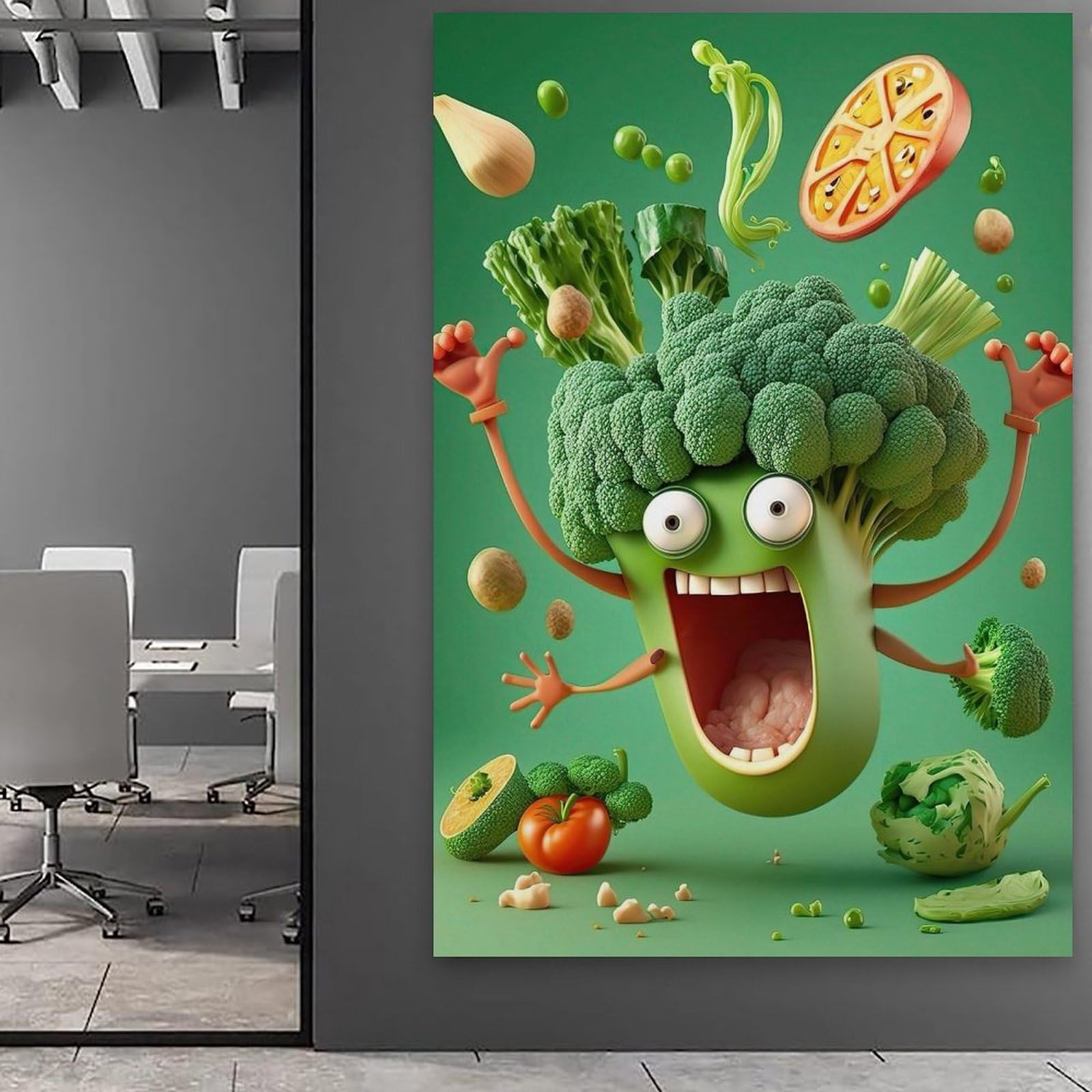 ZZJFFBSS Essen-Poster, Angriff des fröhlichen Brokkoli, Wandkunst, Wandbild, moderne Dekoration, hängendes Kunstposter, 60 x 90 cm