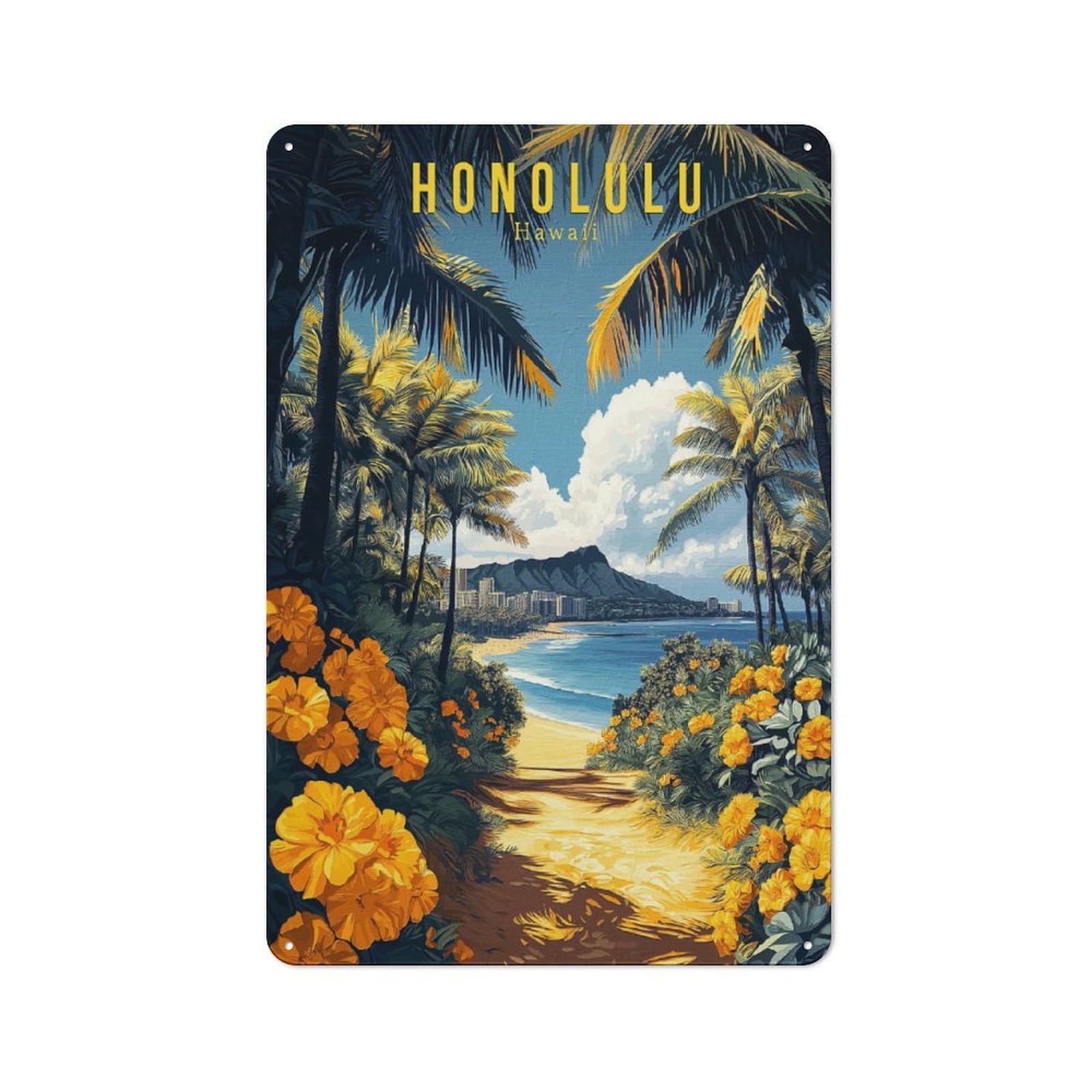 Junmoney Style-9 Honolulu Hawaii Travel Decorative Metal Wall Decor 30X20cm, Decorative Tin Plaque For Bedroom, Kitchen, Office Or Living Room