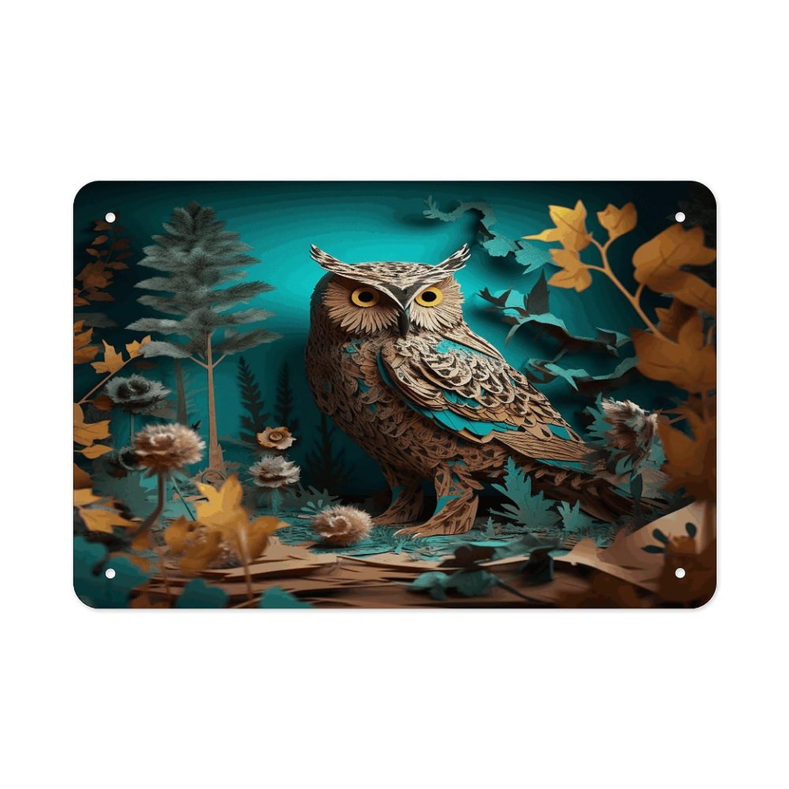Owl Metal Tin Sign 12"x8" Wall Art Prints Poster Decorative Picture Metal Signboard Decor Painting Folded Edge Iron Sheet Painting with Holes for Wall Decor