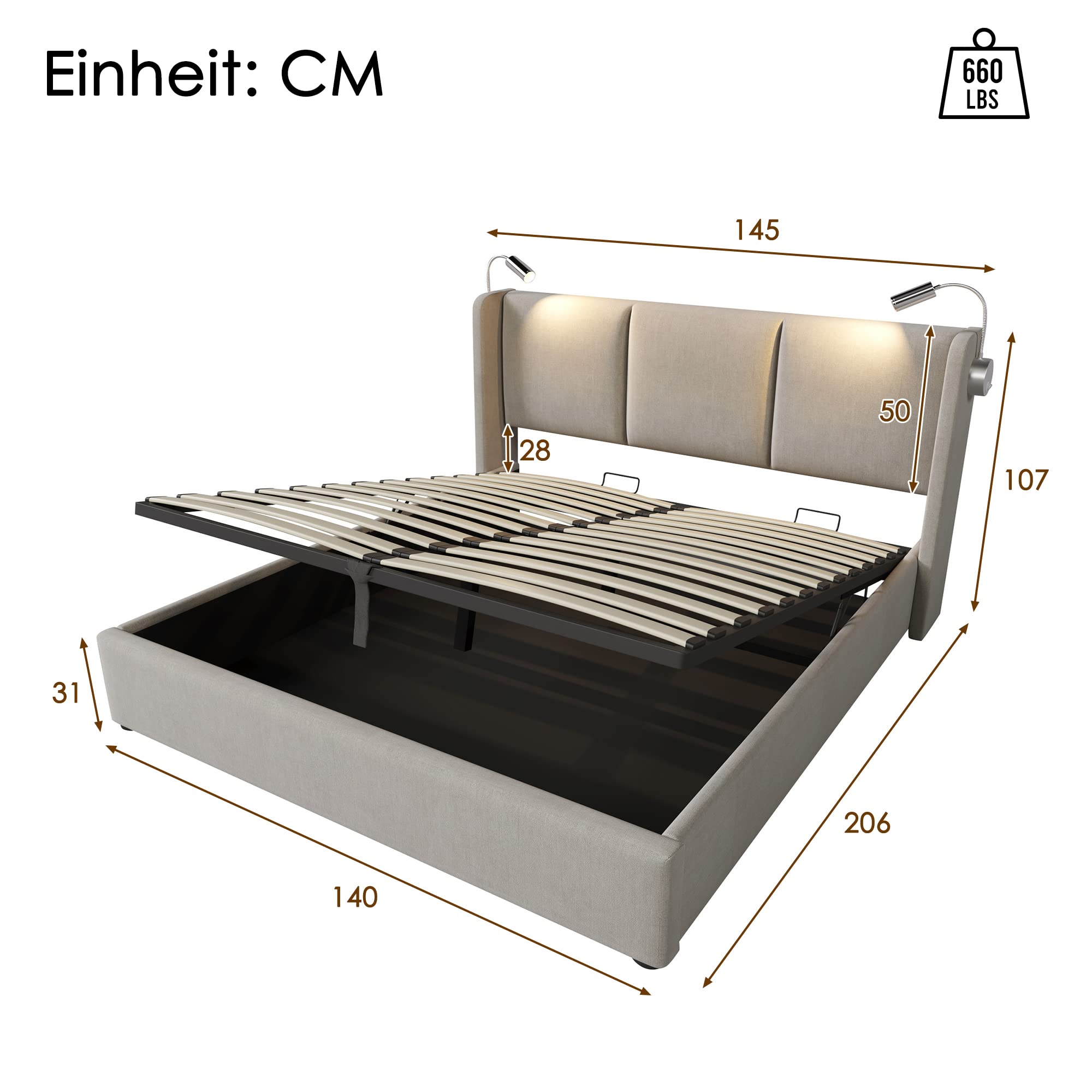 KAZZIO Cama tapizada para cama de matrimonio con espacio de almacenamiento, luz de lectura con función de carga USB, cabecero, estructura de cama de poliuretano, con somier (sin colchón) (beige, 140 x