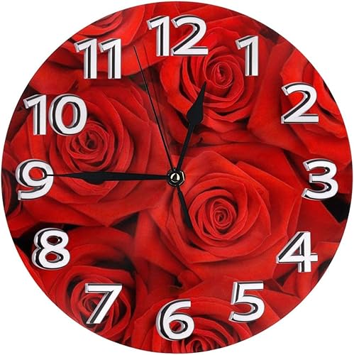 FoDuoDuo Reloj de pared de madera de moda, silencioso, sin tictac, rosa roja, redondo, para sala de estar, cocina, hogar, dormitorio, decoración, 10