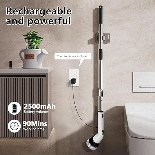 Miniatura 7 de TUYU Limpiador eléctrico giratorio, limpiador de baño impermeable IPX7 de cuerpo completo, 4 cabezales de repuesto para mango de extensión