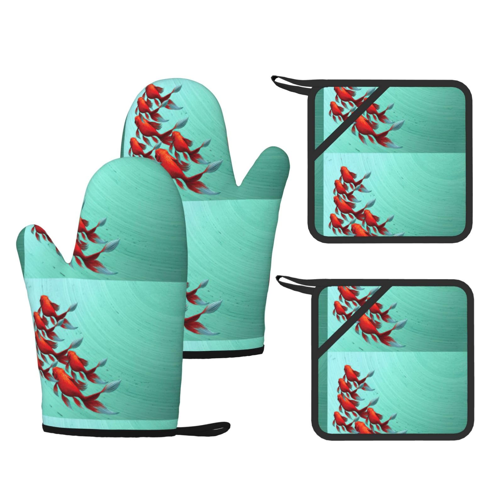 fish aquarium Printed Oven Mitts and Pot Holders Set of 4, Heat Resistant Silicone Gloves for Baking Grilling