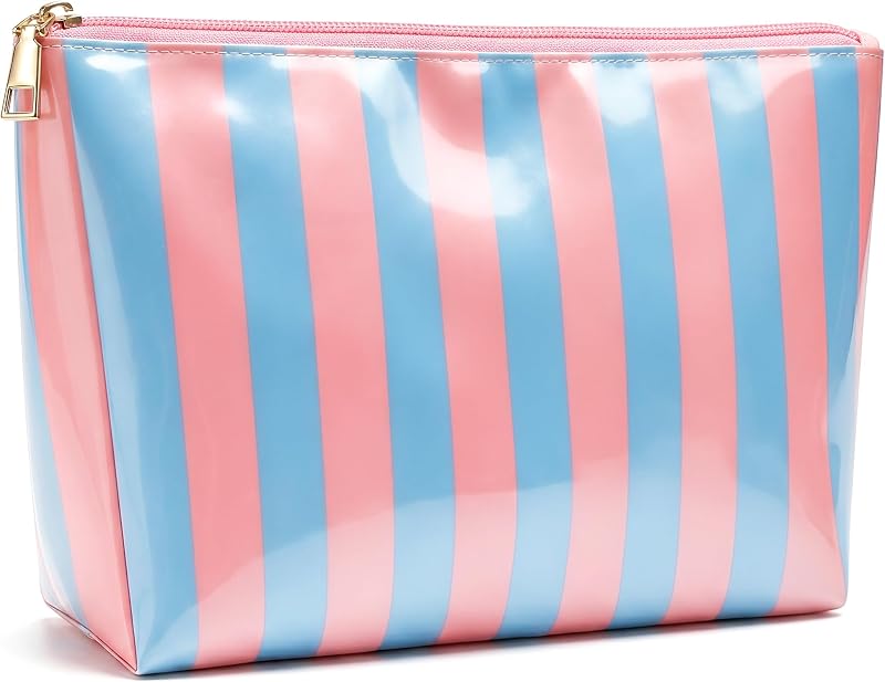 Necessaire transparente LETGO com listras rosa e azul, zíper e revestimento de PVC