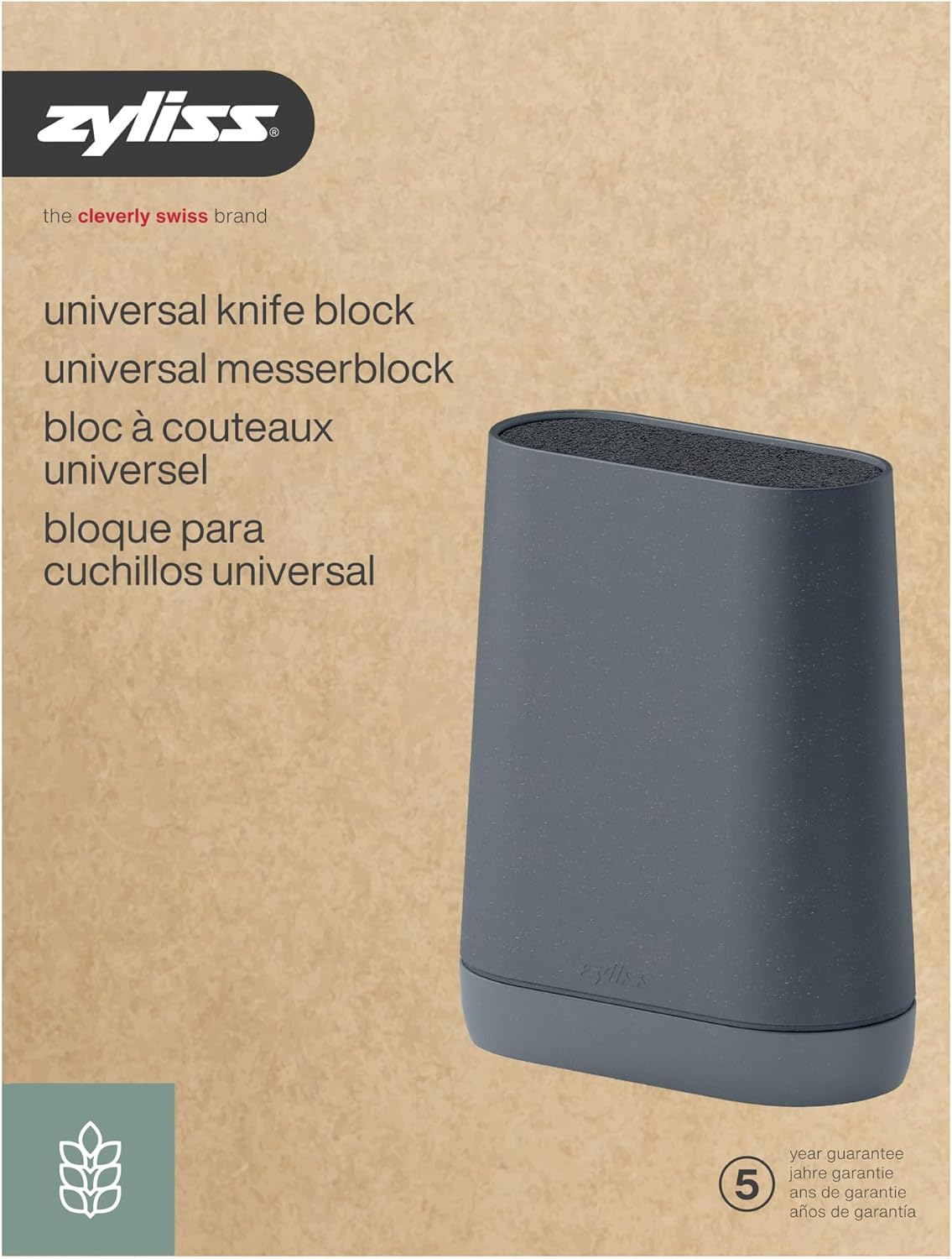Zyliss Universal Knife Block with Flexible Bristle Insert, Countertop Knife Holder for up to 5 Knives, Non-Slip Base, Removable Insert, Wheat Straw Kitchen Storage