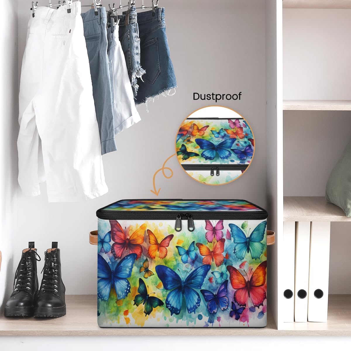 Storage Bin Set of 2 Rainbow Butterfly Storage Basket with Zipper Lid & Handle Foldable Closet Shelf 2 Pack Cloth Organizer Basket Cube Bins Clothes Organizer for Bedroom, Nursery