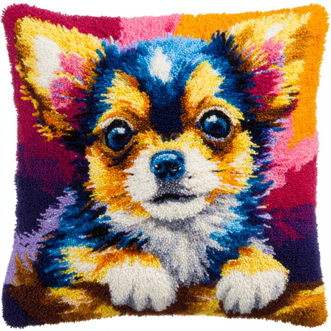 Kitquiver Animal Latch Hook Cushion Set Colorful Chihuahua Latch Hook Kit Pillow DIY Rug Crochet Hook Cushion Making Kits with Preprinted Pattern Canvas 17x17In