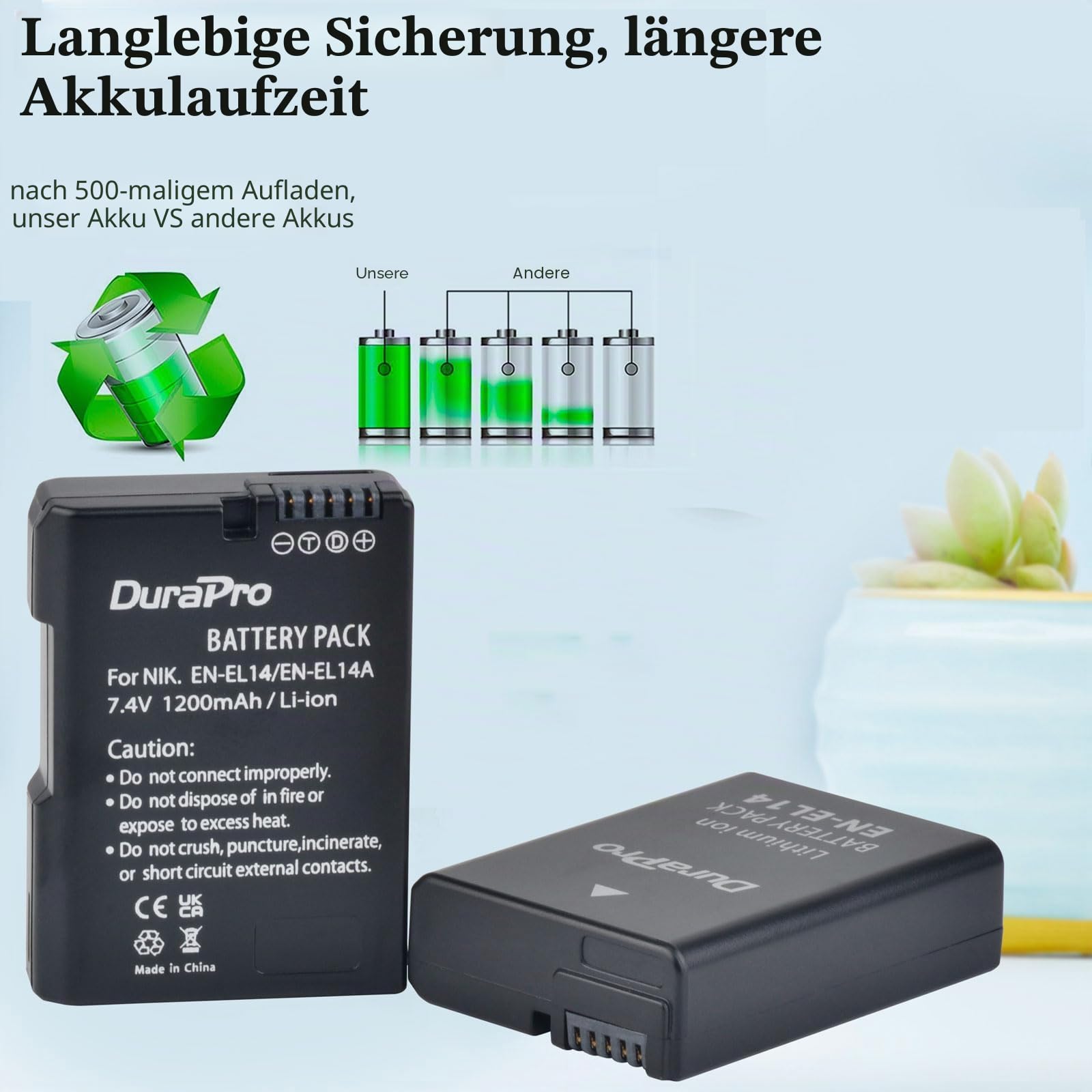 DuraPro 2Pc EN-EL14 EL14A Akku Battery + LED Dual Charger für Nikon P7800 7700 7100 7000 D5600 D5500 D5300 D5200 D5100 3000 Series D34000 D33 00 D3200 D3100 DLSR