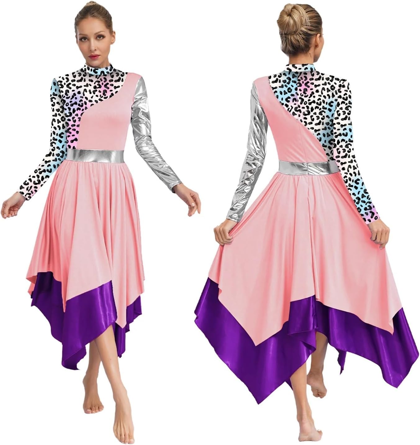 Praise Dance Dress Womens Metallic Glossy Ballet Lyrical Dance Dresses Print Liturgical Praise Choir