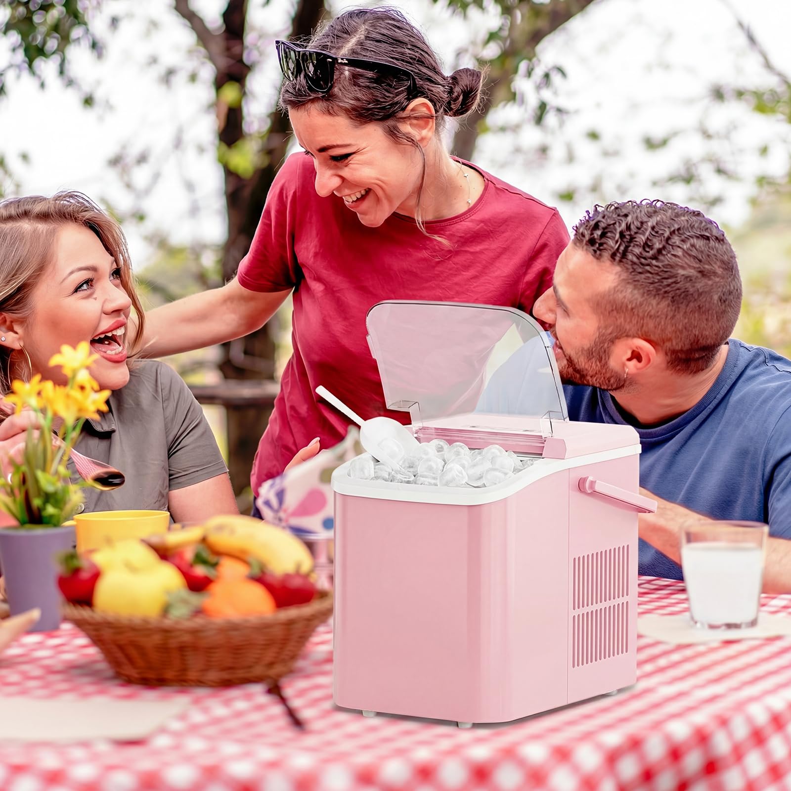 Ice Makers Countertop, Portable Ice Machine with Handle, 6 Mins 9 Bullet Ice Cubes with Basket and Scoop, 26lbs in 24Hrs, Auto-Cleaning, for Home, Kitchen, RV, Camping, Pink - 5