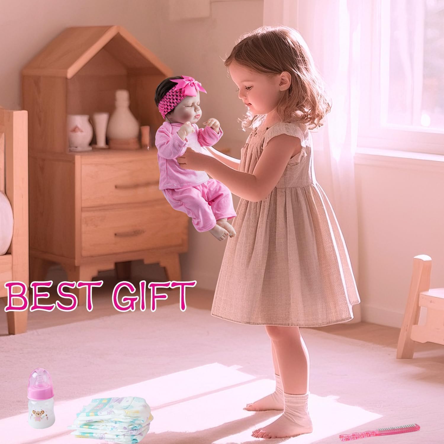 11 Pcs Reborn Baby Doll Clothes Accessories Pink Outfit for 17-22 Inch Babydolls, Reborn Doll Accessories with Diaper Bag Newborn Baby Clothes Set Gift