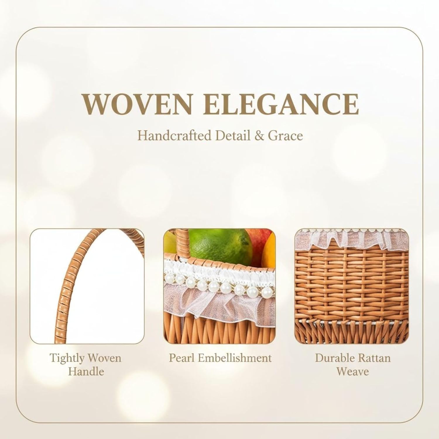 BOSREROY Faux Rattan Woven Basket for Flower Girl, Brown Wicker Basket with Pearl Chain 11.8X8.7X5.5In, Handmade with A Ribbon Bow and Hollow Design