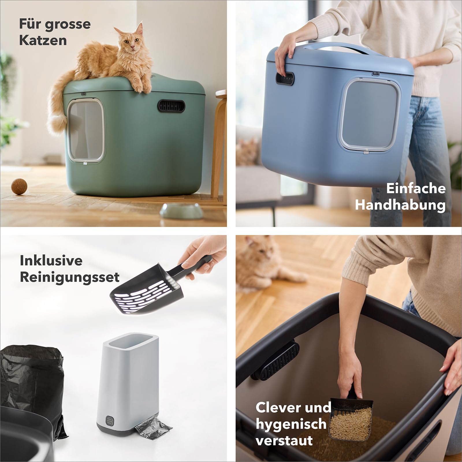Rotho MyPet Bea Katzenklo XXL Katzentoilette mit Schaufel und Deckel Blau | Katzenklo mit Deckel, Aktivkohlefilter zur Geruchsneutralisierung, Magnetklappe, Deckel einhändig abnehmbar, 4 Ersatzfilter