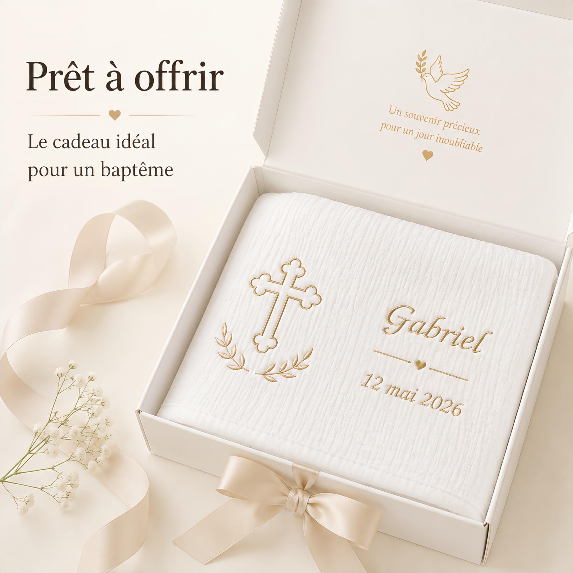 Écharpe de Baptême Personnalisée Bébé – Double Gaze de Coton Brodée Prénom & Date – Étole Baptême Blanche Douce et Légère – Cadeau Baptême avec Coffret Cadeau(Modèle 17)