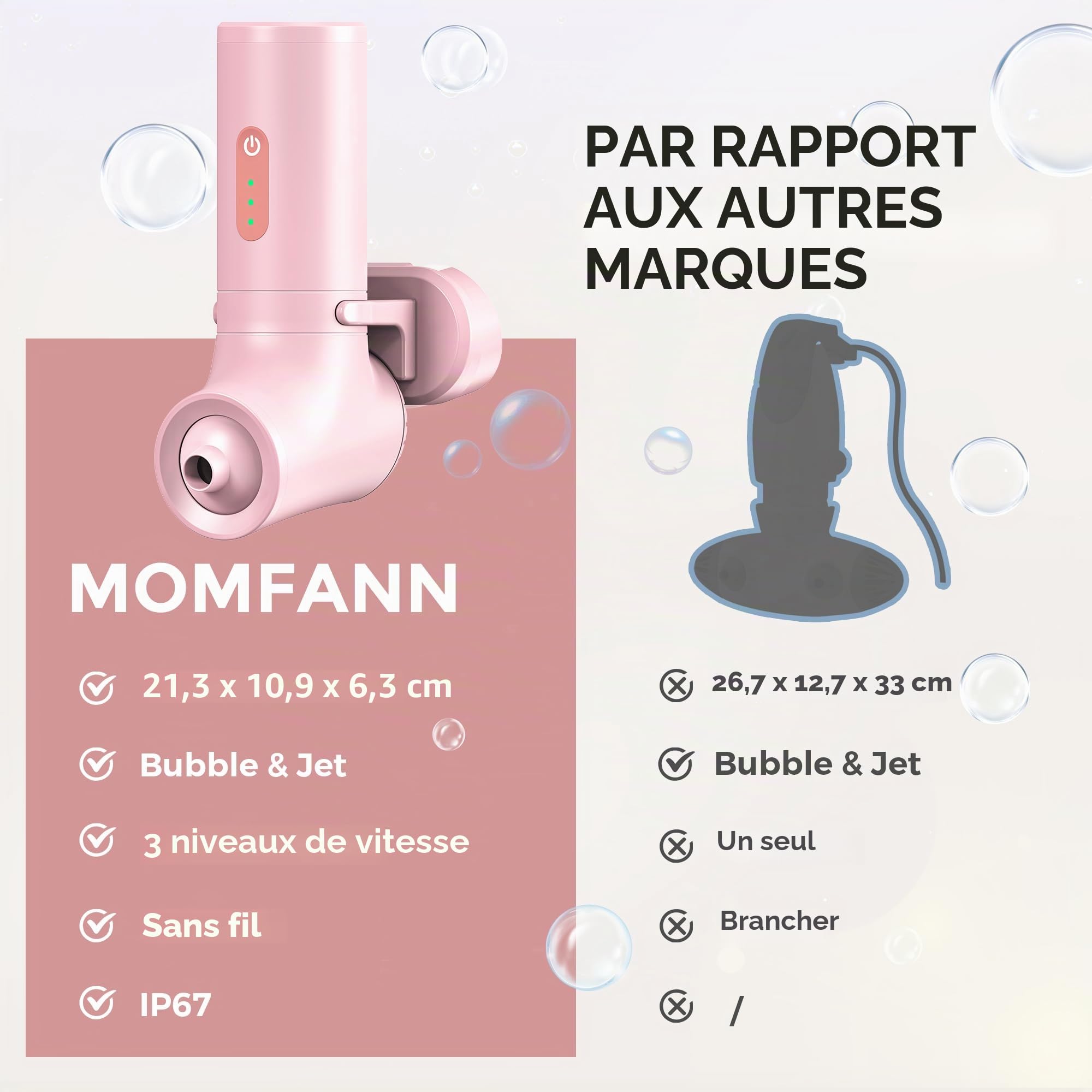 MOMFANN Jet de bain, accessoires de baignoire portables sans fil avec 3 niveaux de vitesse réglables, mode machine à bulles/jet de bain, jets de baignoire pour spa à domicile, relaxant (blanc-rose)