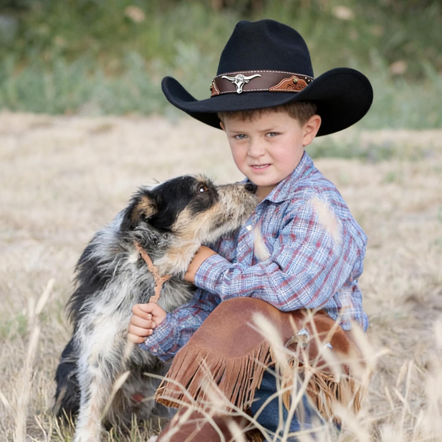 Jastore Kids Girls Boys Cowboy Cowgirl Hat Western Wide Brim Felt Fedora Hat with Buckle Belt