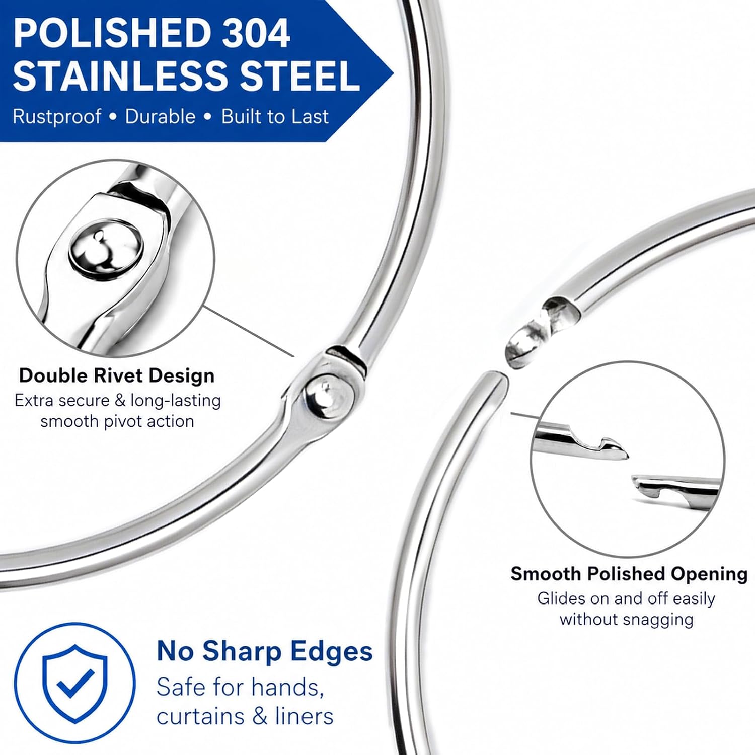 12PCS 304 Stainless Steel Shower Curtain Rings Rustproof 2.3 Inch