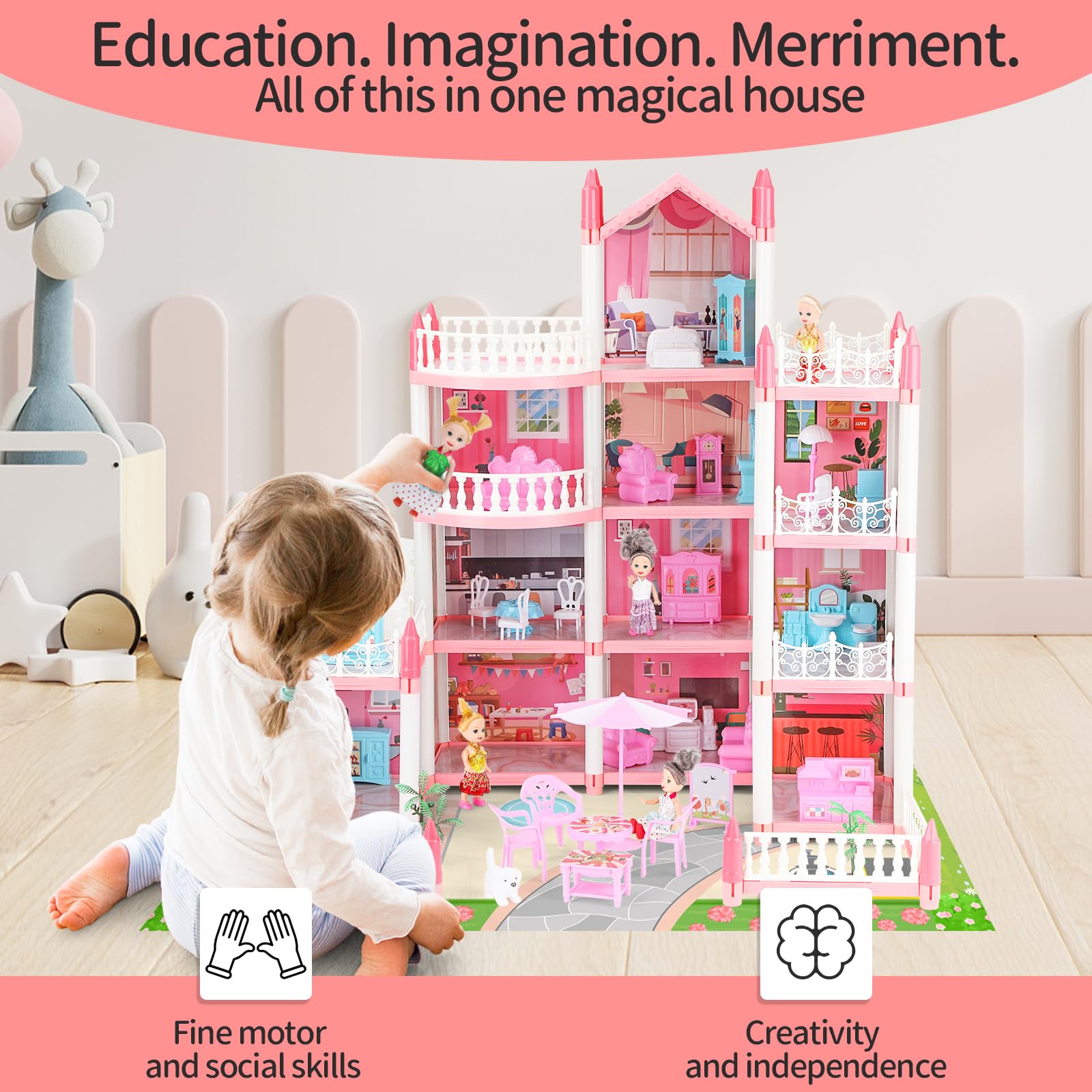 Casa de Muñecas para Niñas, 11 Habitaciones de 4 Pisos con 4 Muñecas y Accesorios de Mobiliario y Luces Intermitentes, Casa de Muñecas Princesa Juguetes Regalo para 3 4 5 6 7 8 Años de Edad