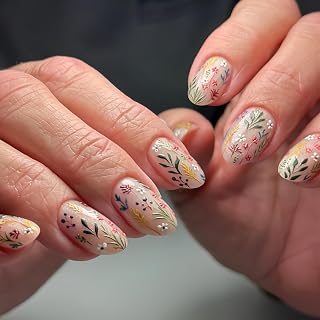 Leaf Press on Nails Nude Fake Nails Oval Nail Press ons with Flower Plant Design Glossy Full Cover Stick on Nail for Women Manicure 24Pcs