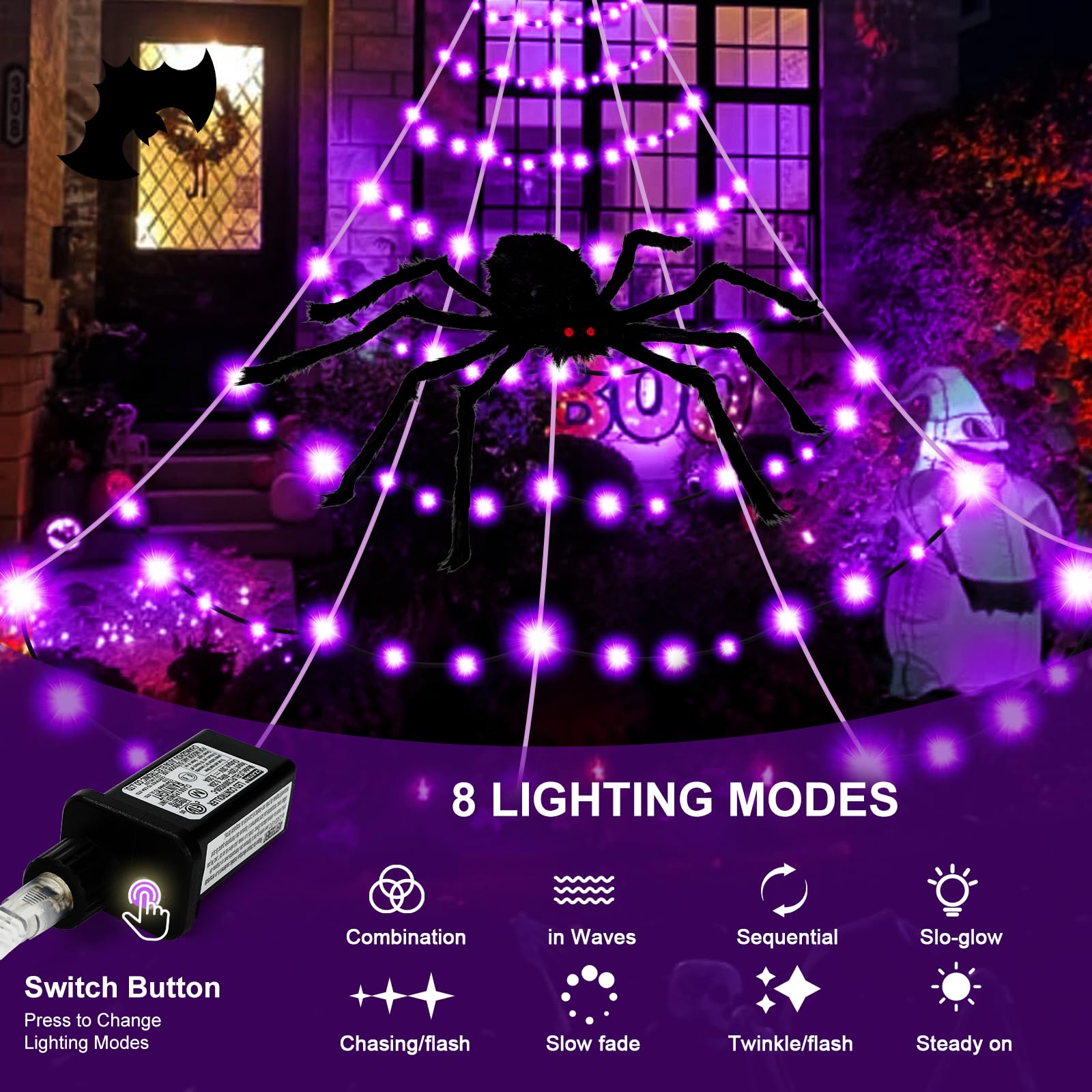 Decoración de telarañas de Halloween para exteriores, telaraña gigante de 19.7 x 14.8 pies con 250 luces LED moradas, telaraña negra triangular iluminada de Halloween con 8 modos y araña para