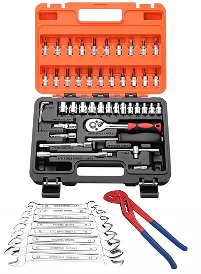 Digital Craft Multifunction Hand Tool Kit Car Ratchet Wrench Assembly Tool Household Repair Tools Automotive Set 46PC Socket Set,Water Pump Plier,8Pc Double Open Spanner Set,
