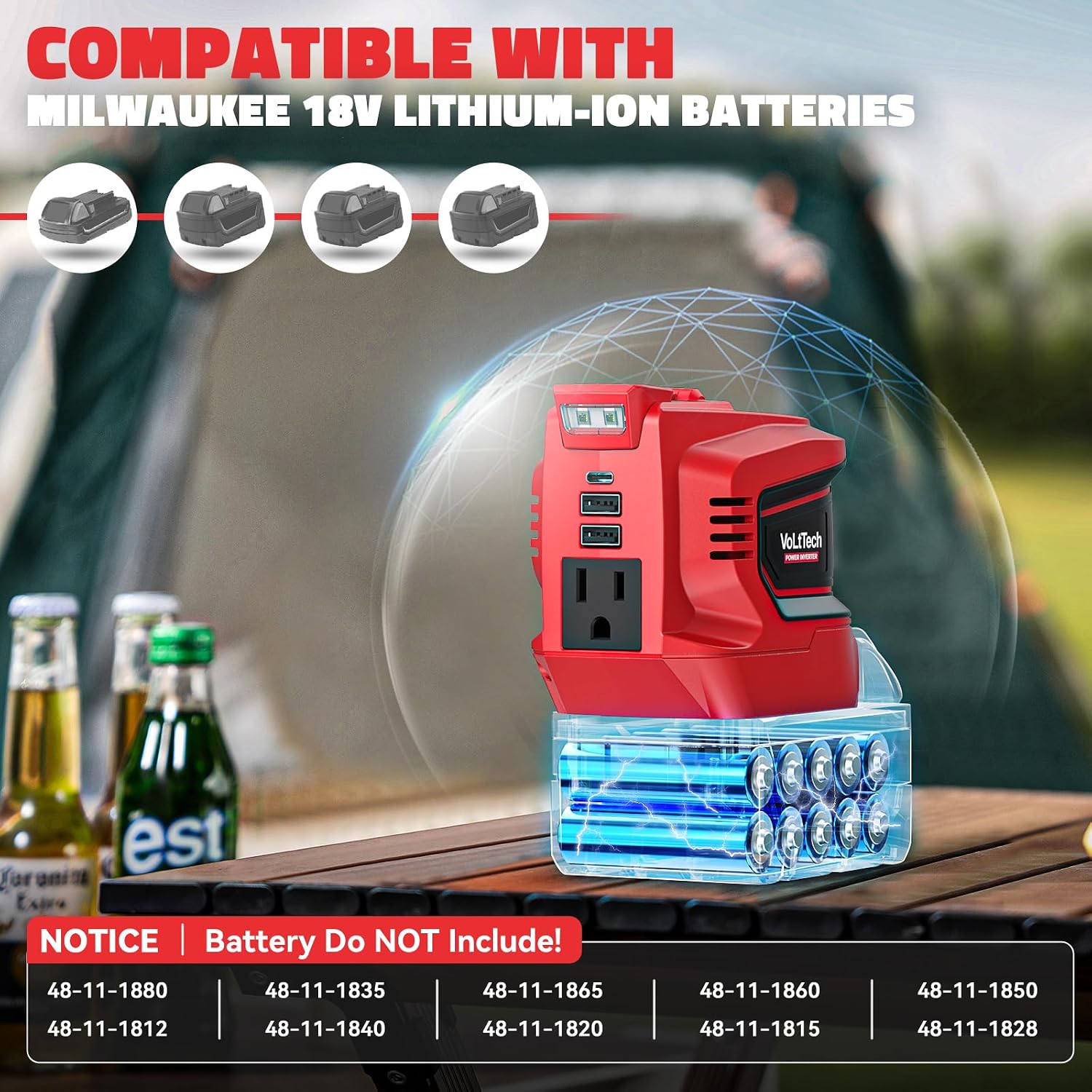Real 200W Power Inverter Compatible with Milwaukee 18V, VoLtTech Battery Inverter 18V to 110V-120V, Phone Charger USB Charger Adapter Power Adapter with 2 USB Ports, 1 Type-C & 1 AC Outlet(No Battery)