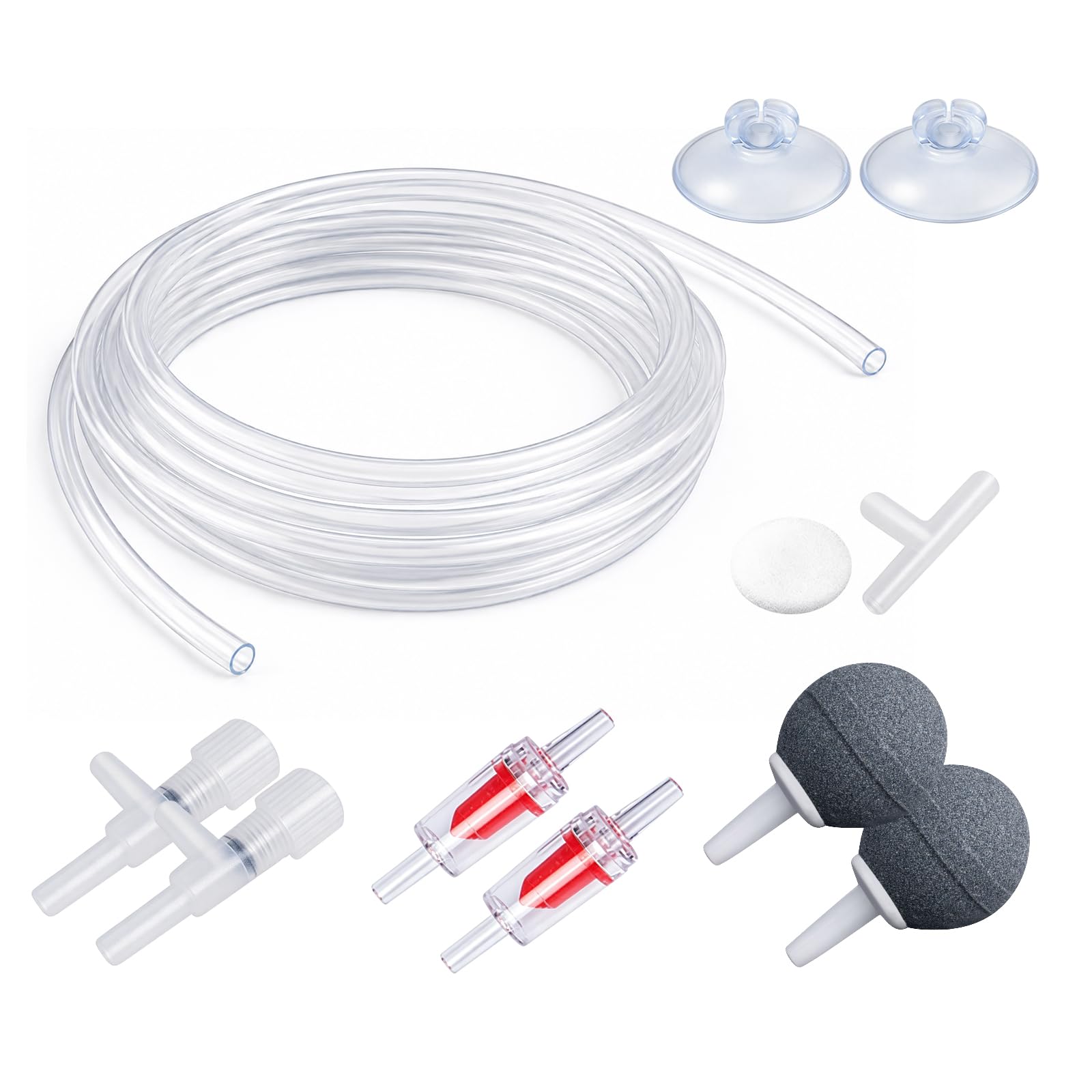 HITOP Air Pump Accessories, Aquarium Accessory Set with 2 * 1.5m Standard Airline Tubing, 2 Check Valves, 2 Air Stones, 2 Suction Cups, 2 Extra Air Rugulating Valves, T-Connector & Air Filter Cotton