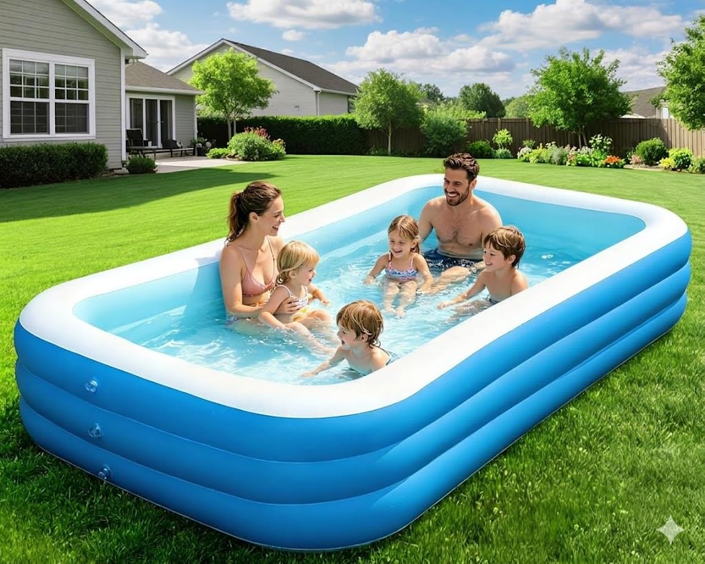10ft Inflatable Swimming Pool for Adults & Kids | Large Rectangular Family Pool | Thickened Durable PVC Material, 3 Air Chambers | Portable Blow Up Pool for Backyard, Garden & Summer Fun-image-48
