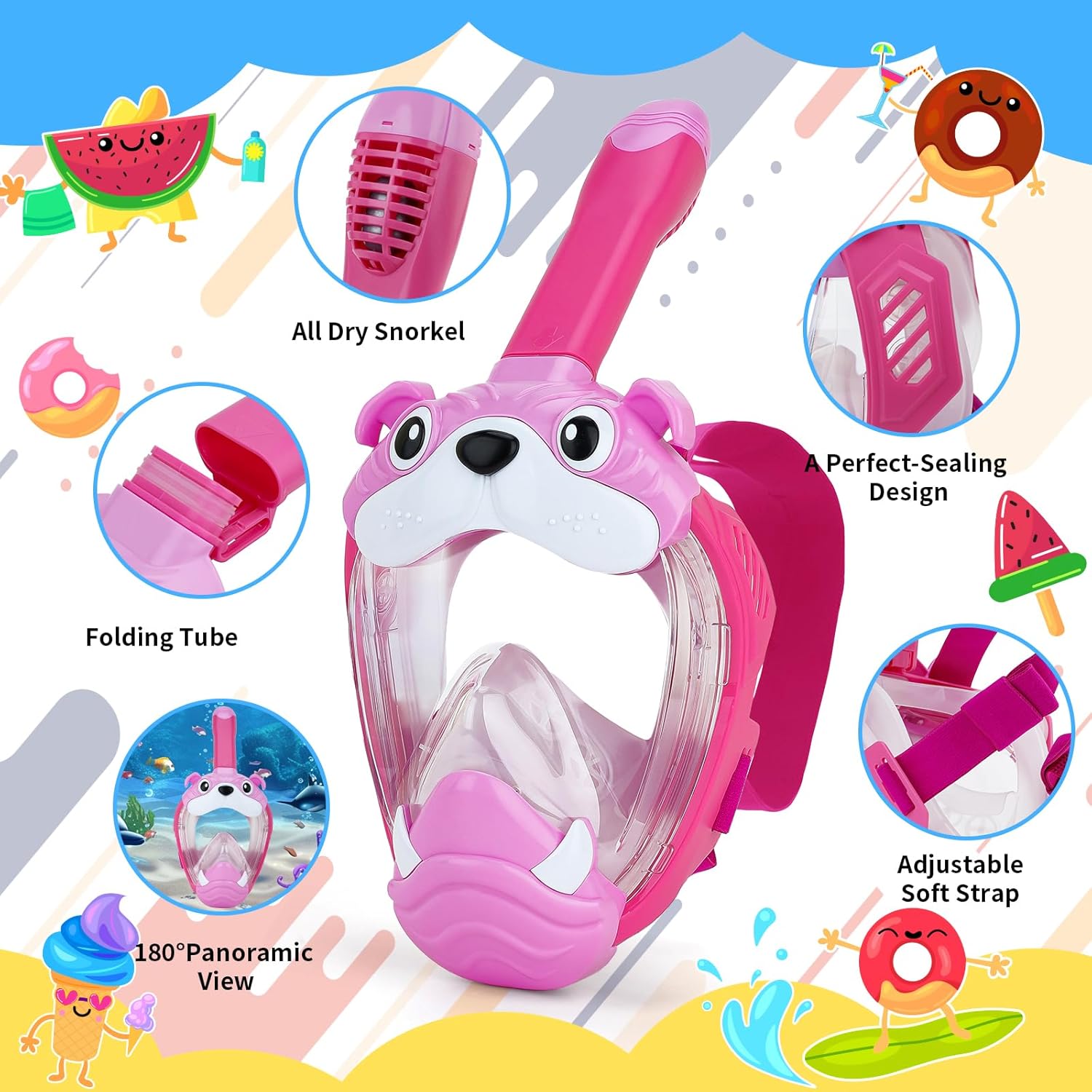 kids full face snorkel mask, snorkeling gear for kid, 180° panoramic view snorkeling mask with adjustable elastic fabric straps - anti-fog & anti-leak - portable mesh bag pink