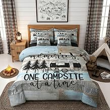 Erosebridal 7 Piece Queen Comforter Set with 2 Pillowcases, RV Camper Bedding Set for Kids Teens Adult Bedroom Retro Wood Camp Camper Bed in a Bag with Flat Sheet, Fitted Sheet Rustic Farmhouse Decor