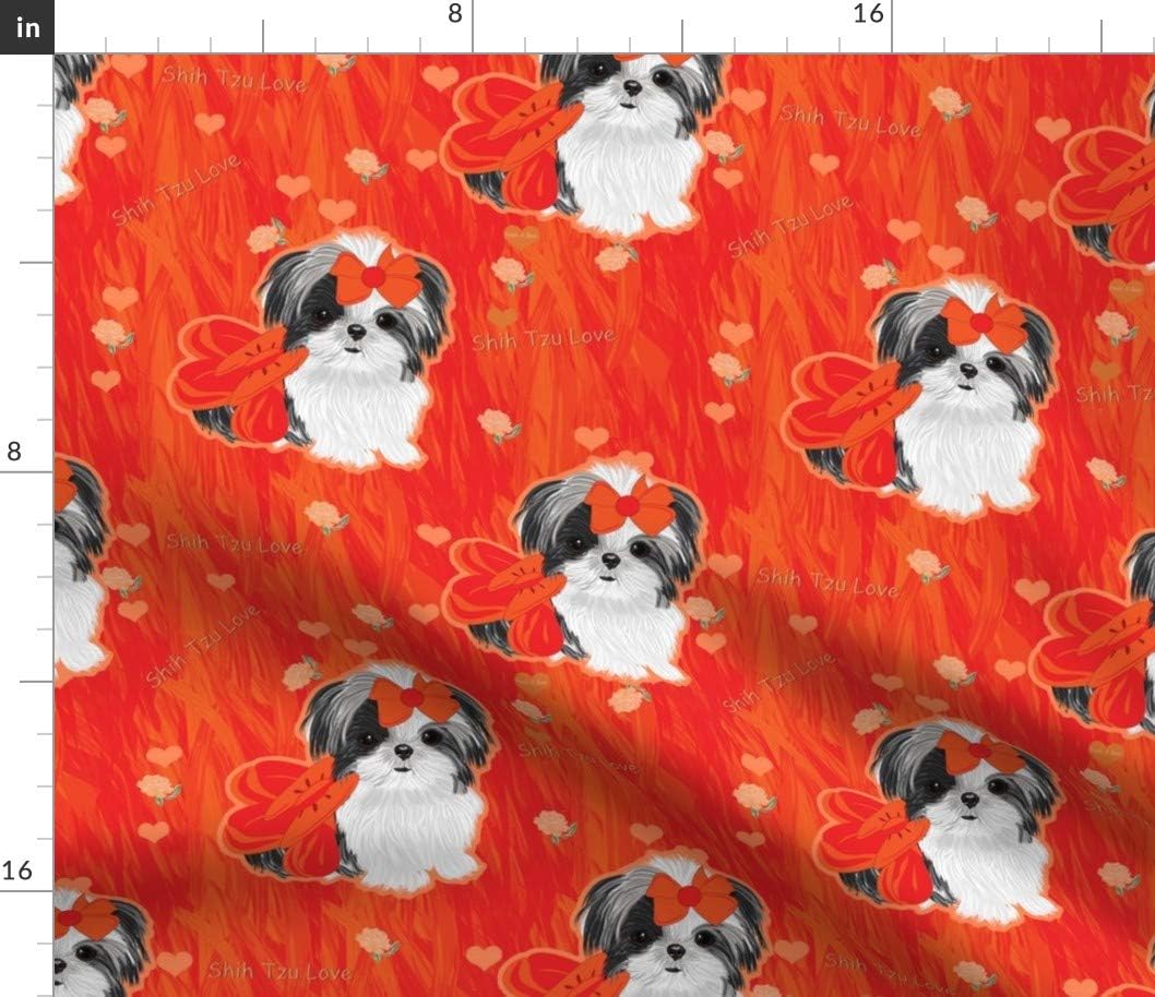 Spoonflower Fabric - Shih Tzu Tangerine Love Orange Roses Hearts Printed on Petal Signature Cotton Fabric by The Yard - Sewing Quilting Apparel Crafts Decor