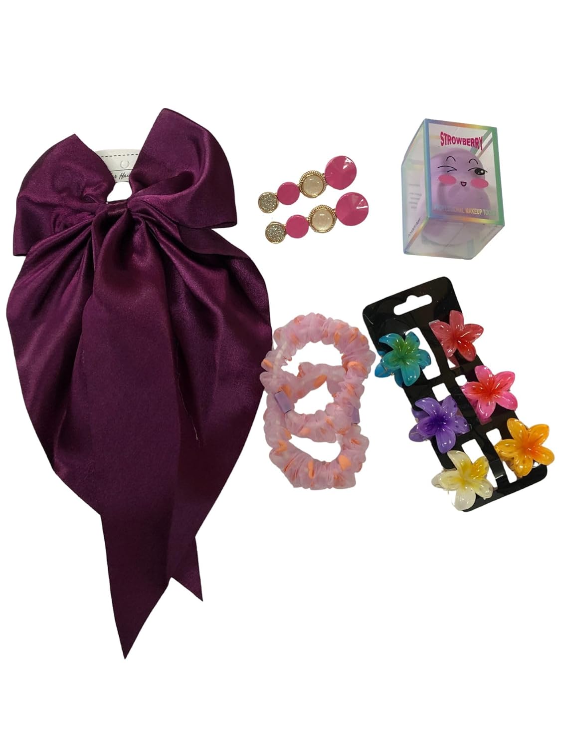 Samyak 12 pcs Combo of 1 Hair Bow Clip, 2 Korean Metal Hair Clip, 2 Hair Rubberbands, 6 Flower Hair Claws & 1 Soft Beauty Blender for Girls & Women