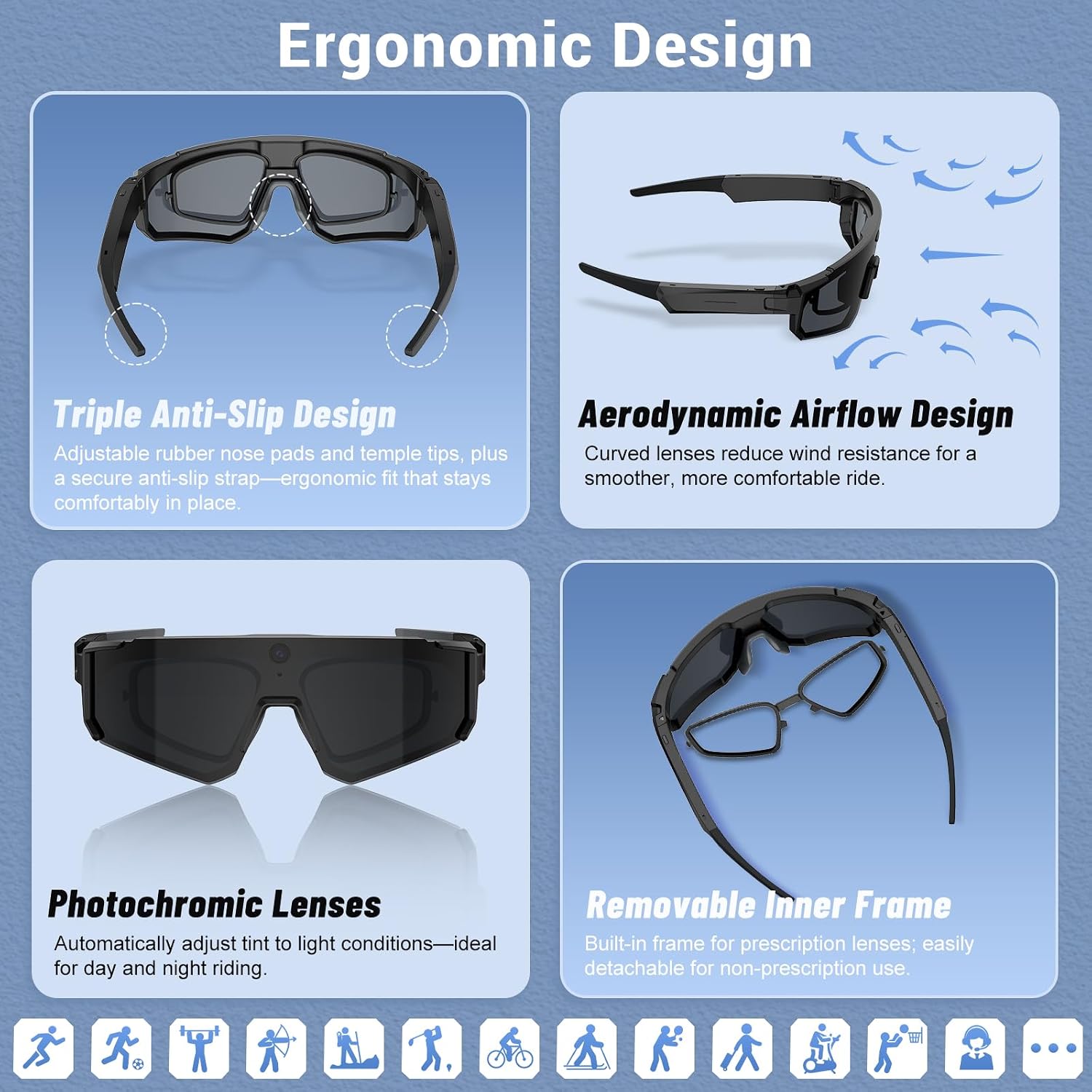 Smart Glasses with Camera and Bluetooth, POV Glasses with Photochromic Lens, 32MP Anti-Shake Camera, EIS Stabilization, IP64 Waterproof Sports Sunglasses for Cycling Running Hiking Baseball