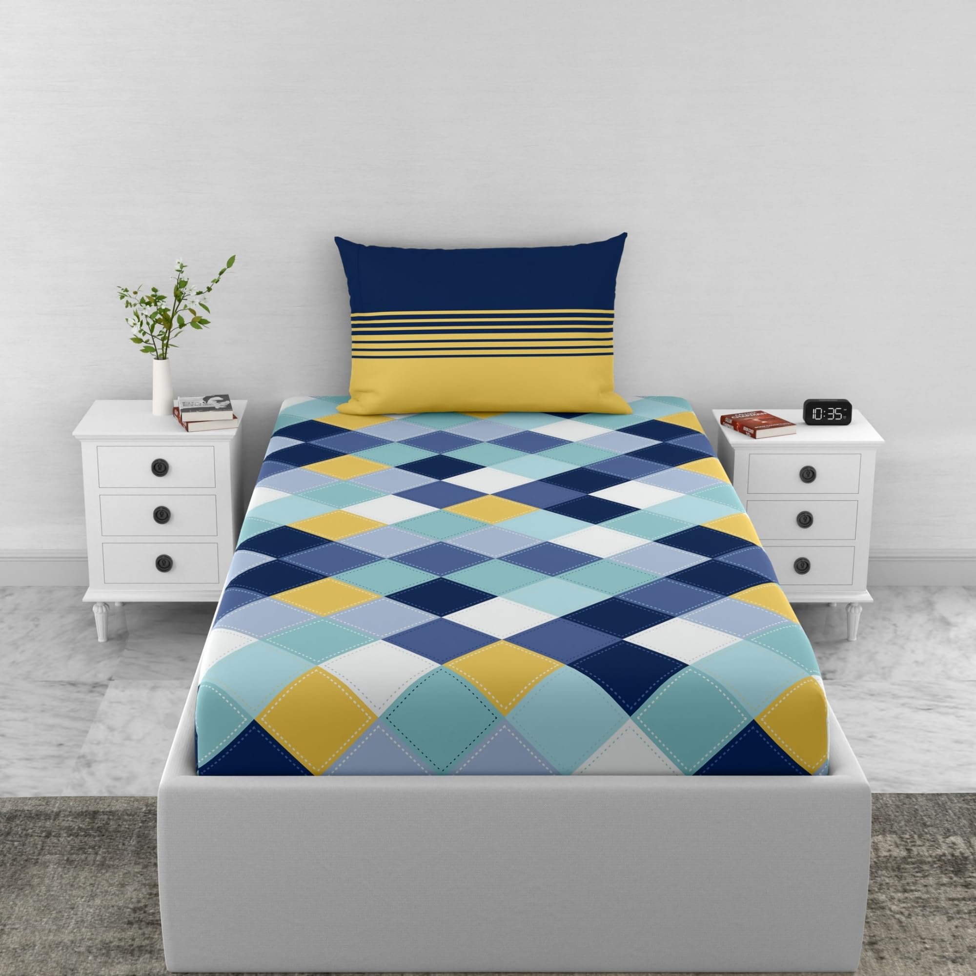 LORETO - A QUALITY LINEN BRAND 100% Cotton Bedsheet for Single Bed, 1 Single Bedsheet with 1 Pillow Cover | 144 TC Single Bedsheet Cotton, Vivid Blue and Yellow Checkered-image-20