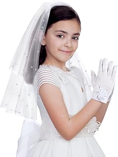 2 Pcs Girls First Communion Veil Gloves Catholic Set White 1st Communion Accessories for Kids Wedding Church Baptism