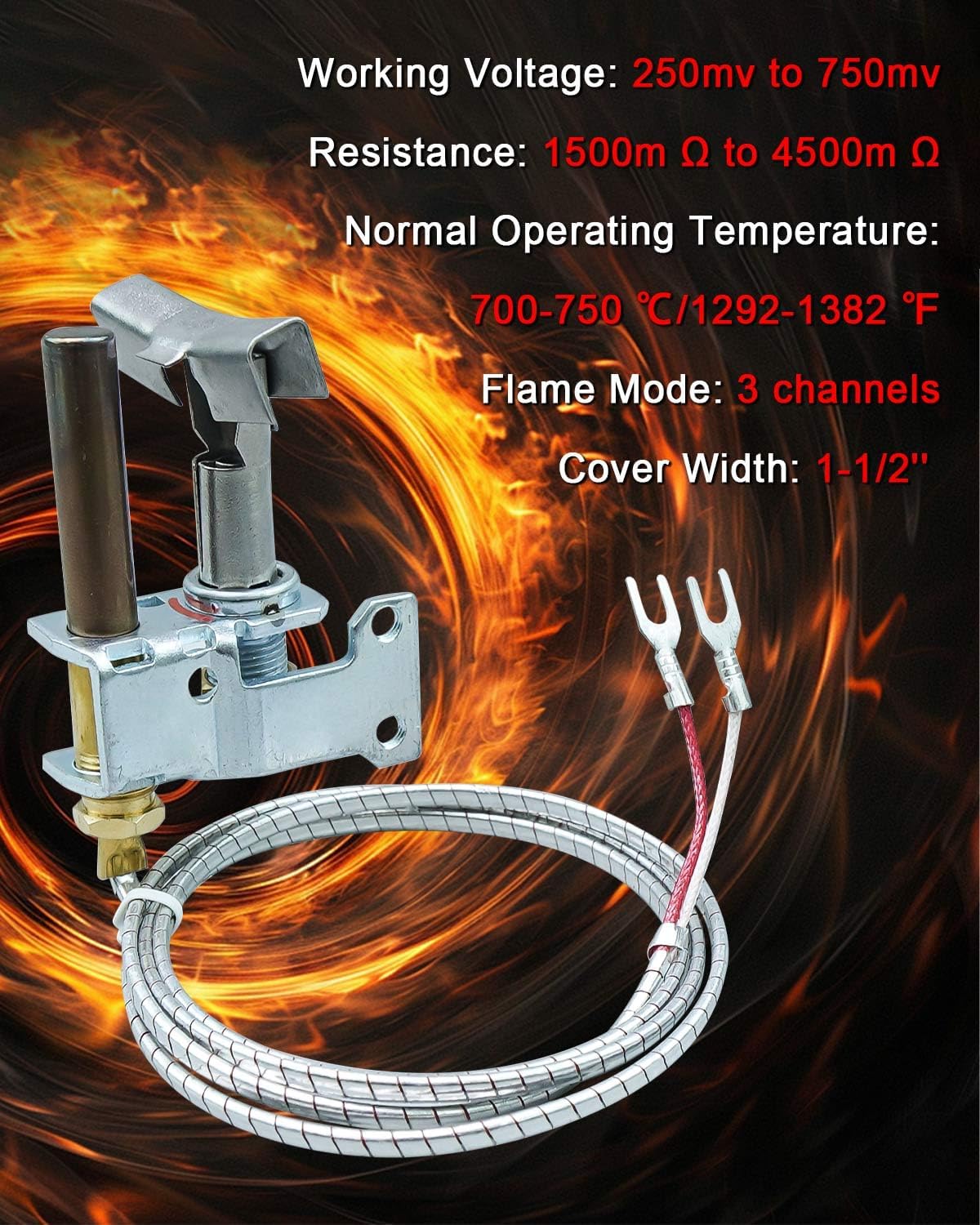 Pilot Burner 750 Millivolt Thermopile Assembly for NG/LPG Applications, 3-Way Flame Pattern Pilot Burner with 36 inch Aluminum 250-750 MV Thermopile for New Deep Fryer