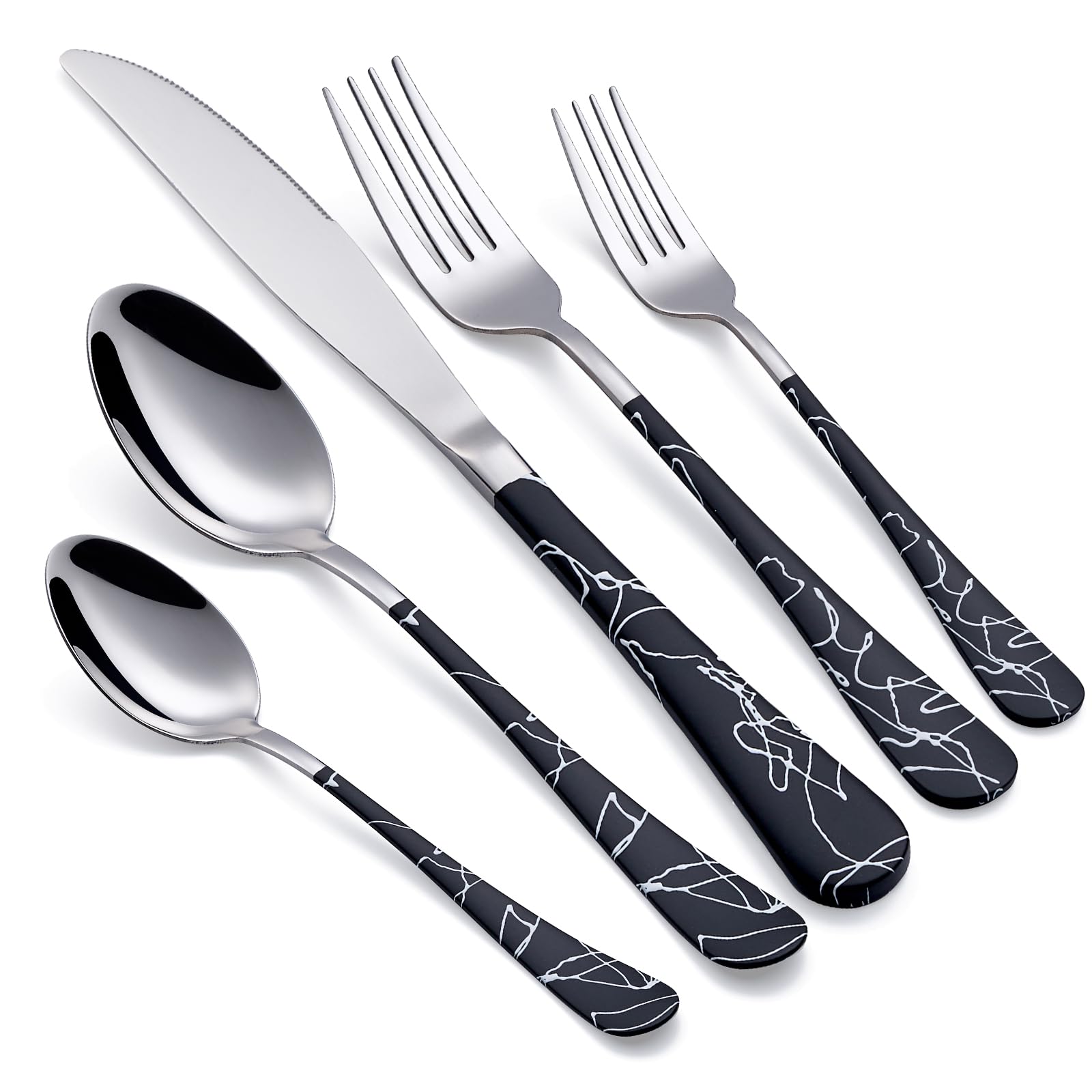LKTDYMEG 20-Piece Black crack Silverware Set 18/0 Stainless Steel Silverware Set Black crack Handle Cutlery Set Service for 4 Dinner Knives Forks