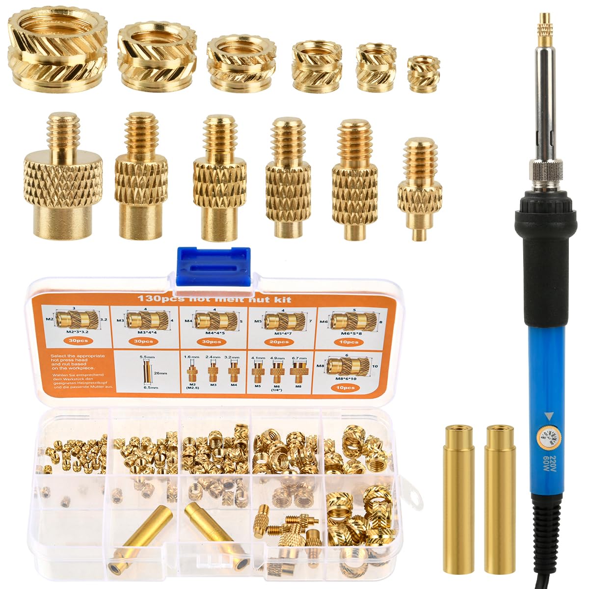 139PCS 3D Juego de Insertos Roscados,Inserto Roscado de M2-M8,Soldadora Azul 60W, kit de Soldadura con Insertos Roscados para Componentes Impresos en 3D,Reparación Electrónica, DIY