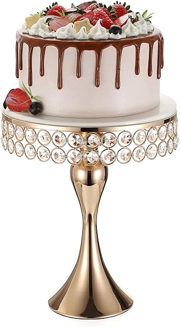 SUMNACON Gold Metal Cake Display Stand Cake Holder Pedestal with Round Mirror Top Plate, 25cm Dessert Stand Cupcake Stand with Crystal Beads for Wedding Party Birthday Party 