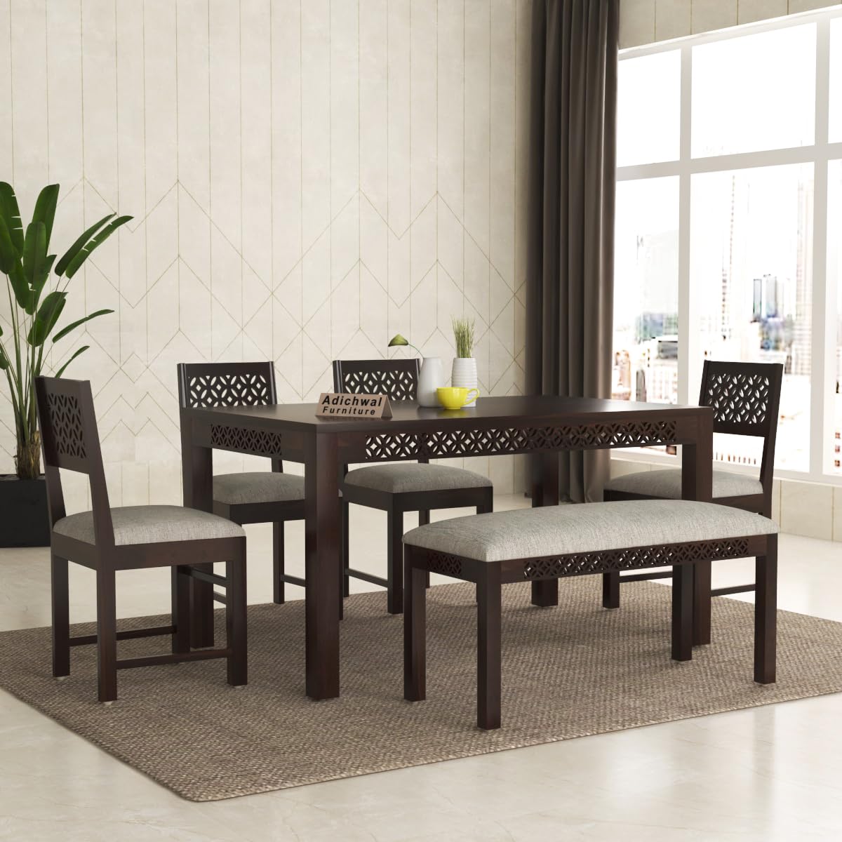 Adichwal Furniture Sheesham Wood 4 Chair with 1 Bench Dining Table Set with Cushioned Chairs for Dining Room | Living Room | Home & Office | t (6 Seater with Bench, Walnut A)
