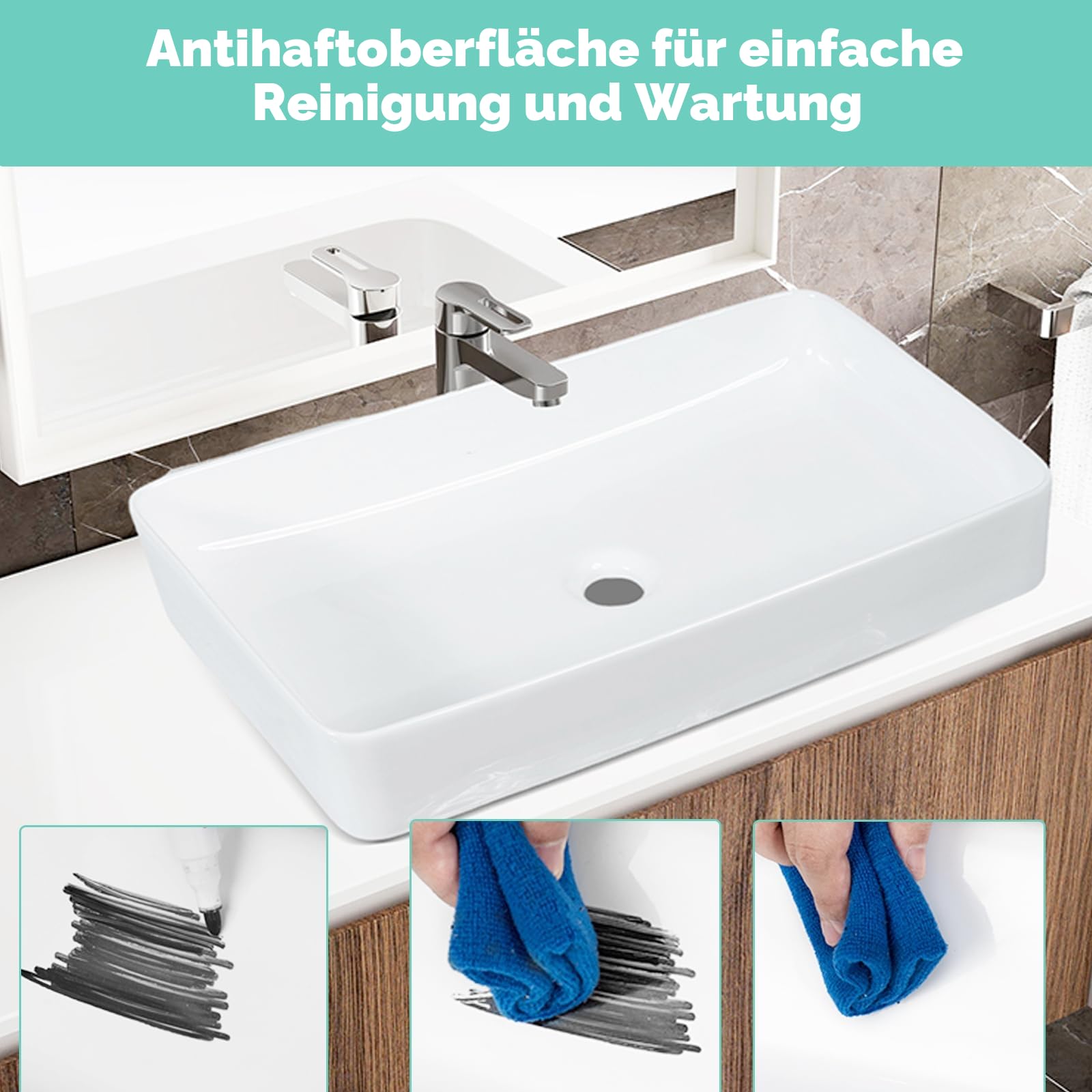 LIFEZEAL Waschbecken Keramik Weiß, Aufsatzwaschbecken Eckig, Handwaschbecken für Badezimmer & Gäste-WC, Waschschale Aufsatzbecken Modernes Design (60 x 35 x 11 cm)