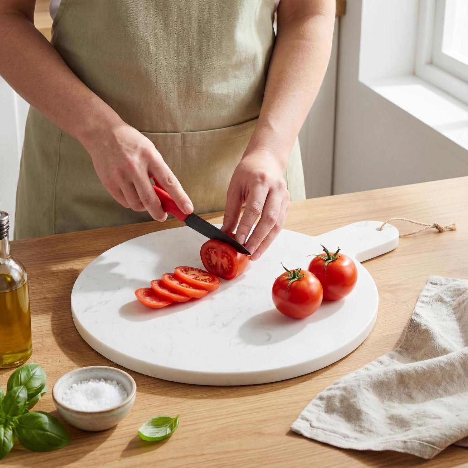 Round Marble Charcuterie Cutting Serving Board, 12 Inch Cheese Board with Handle for Kitchen Wedding Anniversary Bridal Shower, or Housewarming Gift