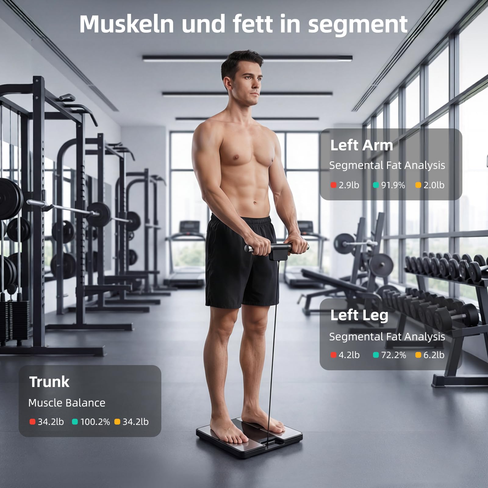 Körperfettwaage mit 8 Elektroden, Waage Personen mit 58 Körperanalyse Großem Display Personenwaage Digital mit Bluetooth App 180 kg/400 lbs Körperfettwaage mit Handsensoren für BMI, Protein, BMR