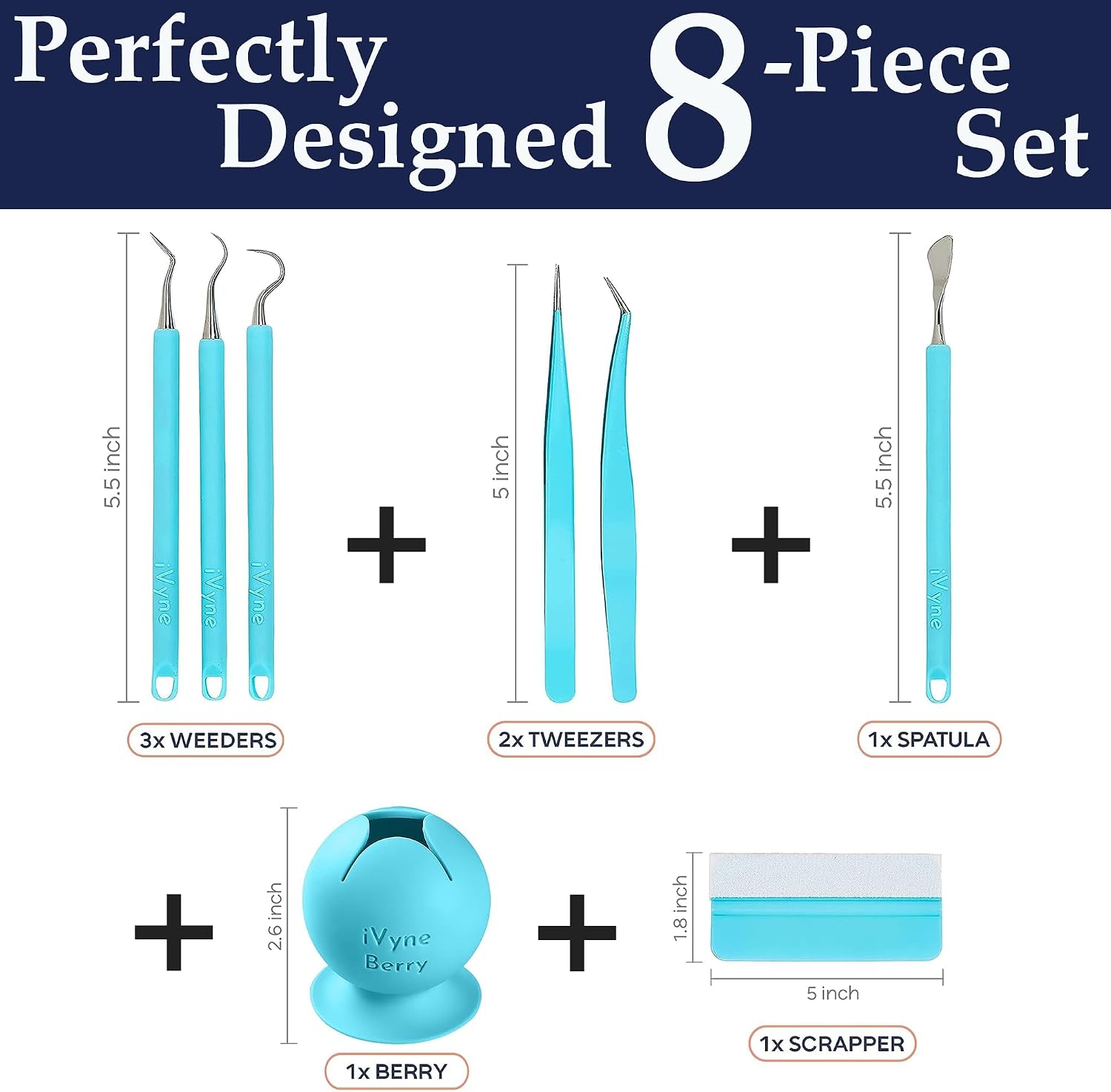 iVyne (8pcs) Premium Vinyl Weeding Tool Kit & Weeding Scrap Collector Soft Grip Tools with Berry, Weeder, Tweezers, Picker Or Hook, and Scraper Set for Silhouette Cameos & Cricut - Blue