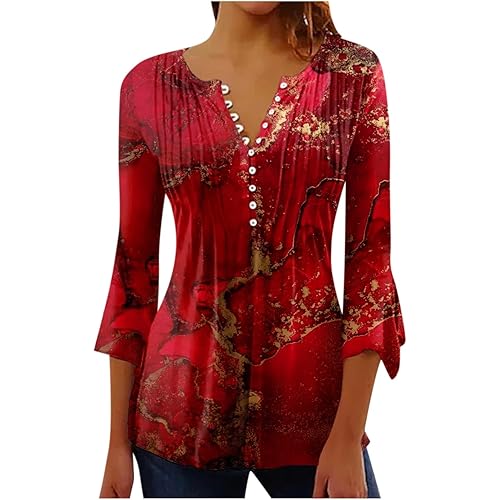 Tunic Tops for Women 2024 Trendy Boho Floral Print Tunic Shirts 3/4 Sleeve Button v Neck Tshirt Casual Loose Blouse